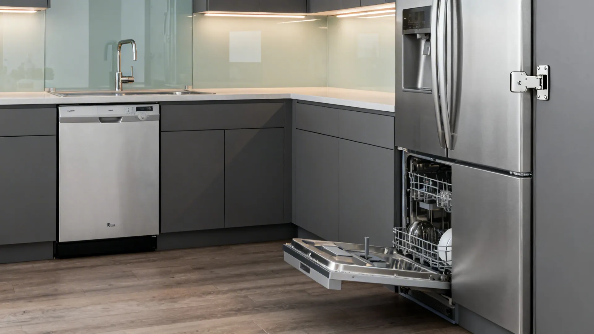 Macro vignettes showing aisle width, dishwasher and sink modules, fridge hinge clearance, LEDs, and corner hardware.