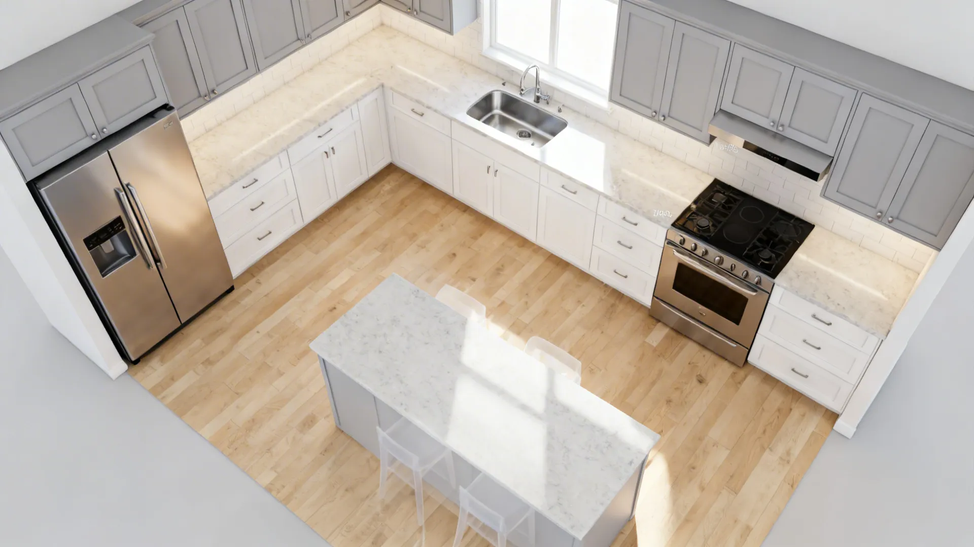 Top-down L-shaped kitchen layout highlighting appliance placement and clearances for circulation.