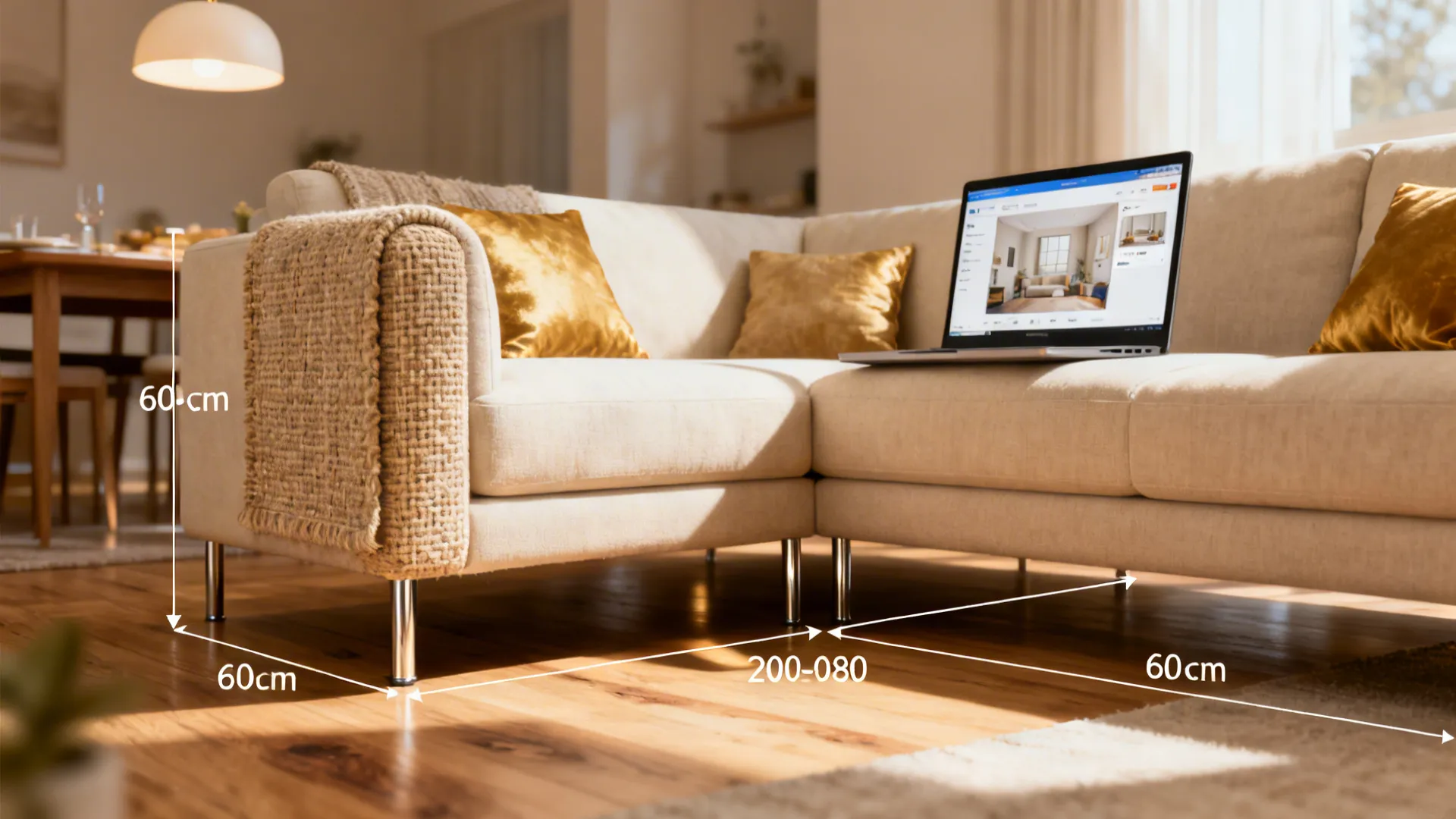 Living room vignette showing pet-friendly fabric, clear circulation spacing, a floated L-sofa and a laptop with a room planner.