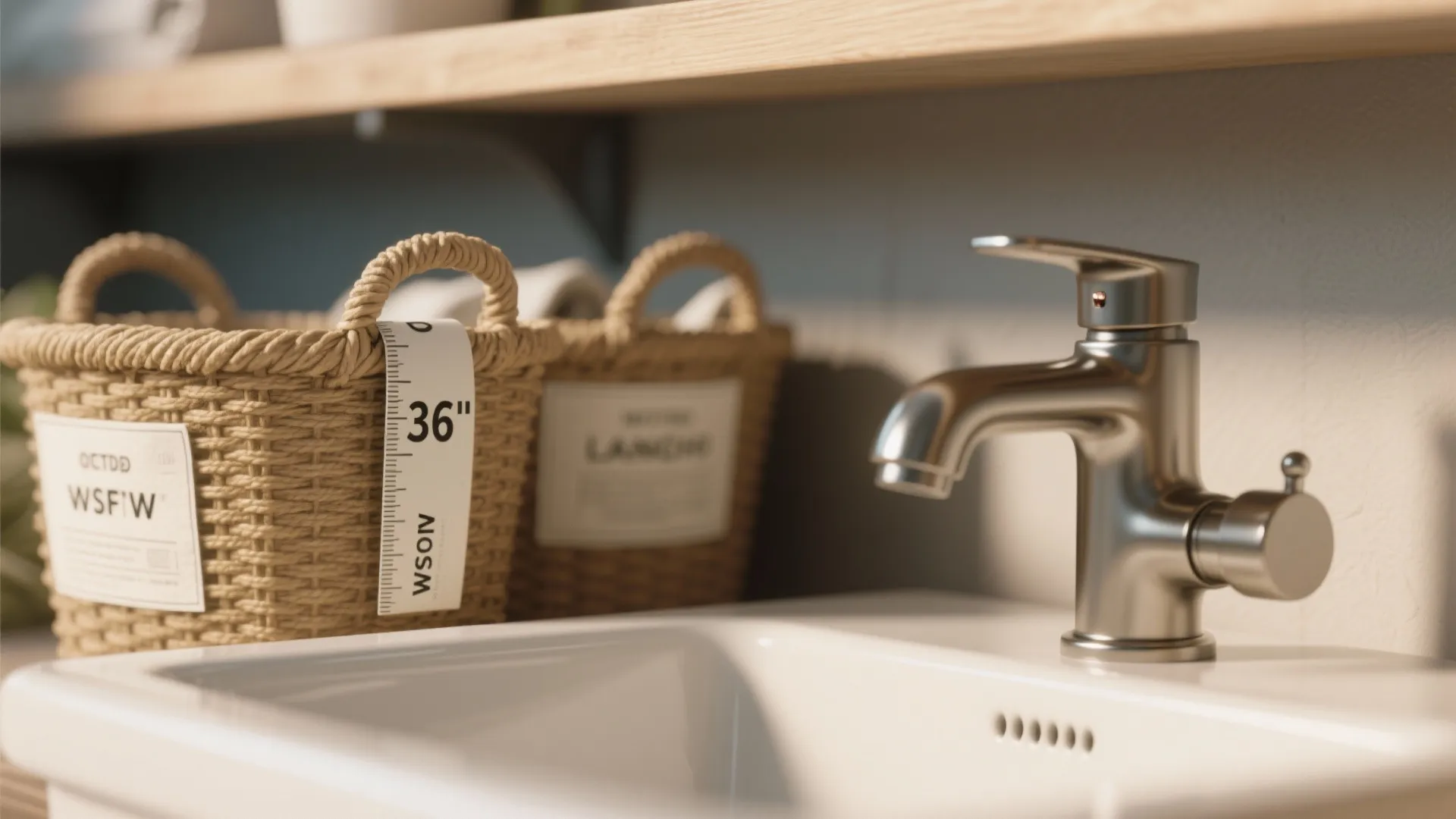 Silver faucet above white sink with two woven laundry baskets sitting in the soft background