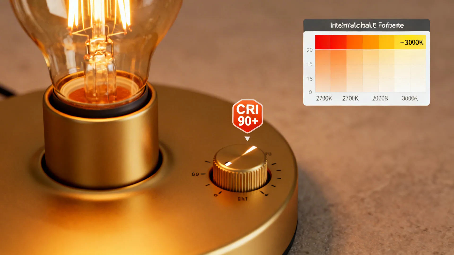 Lamp dimmer and warm color temperature chart with CRI 90+ tag close-up.
