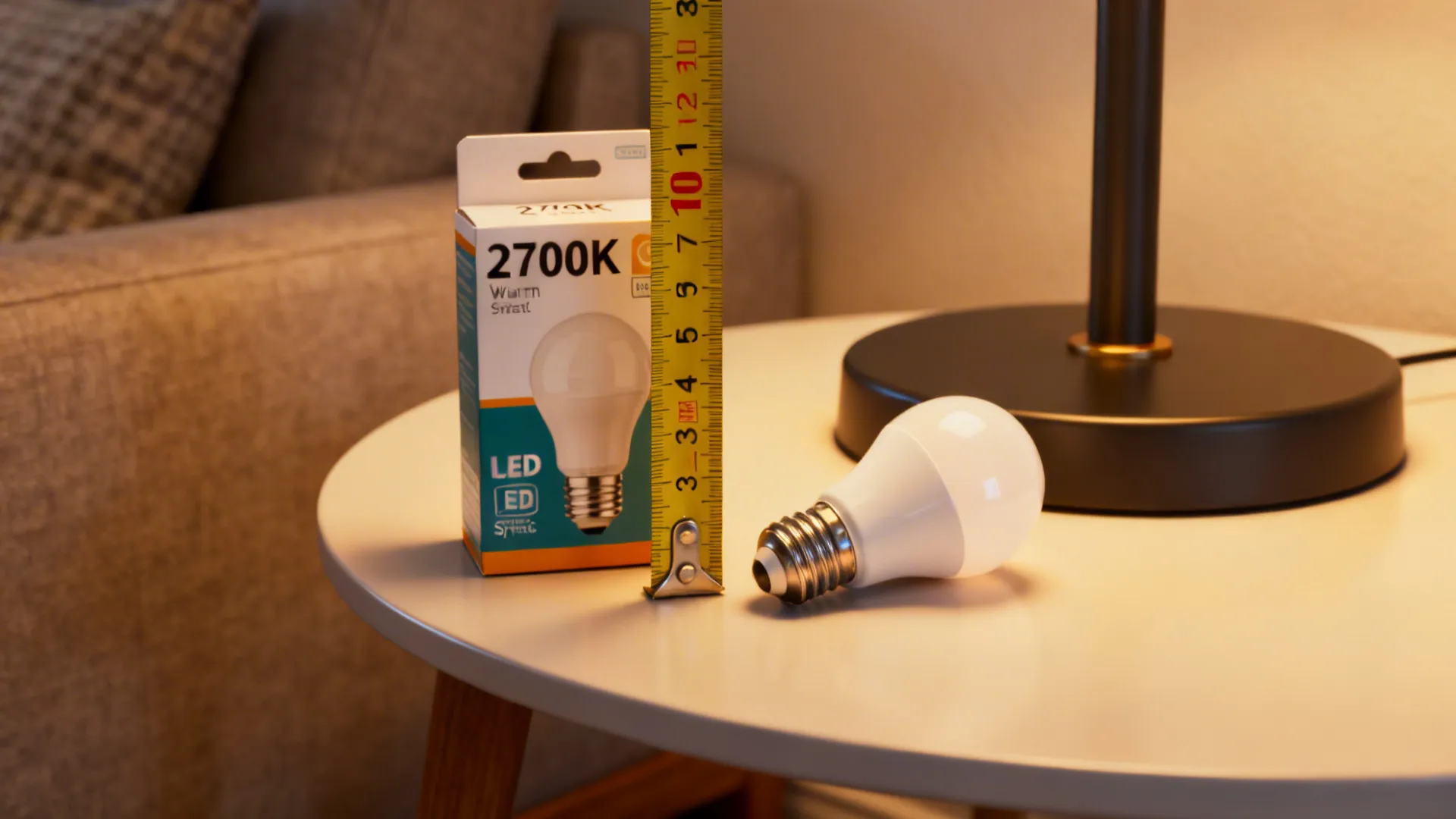 Measuring tape and warm 2700K LED bulb packaging beside a floor lamp illustrating reading height and bulb choice.