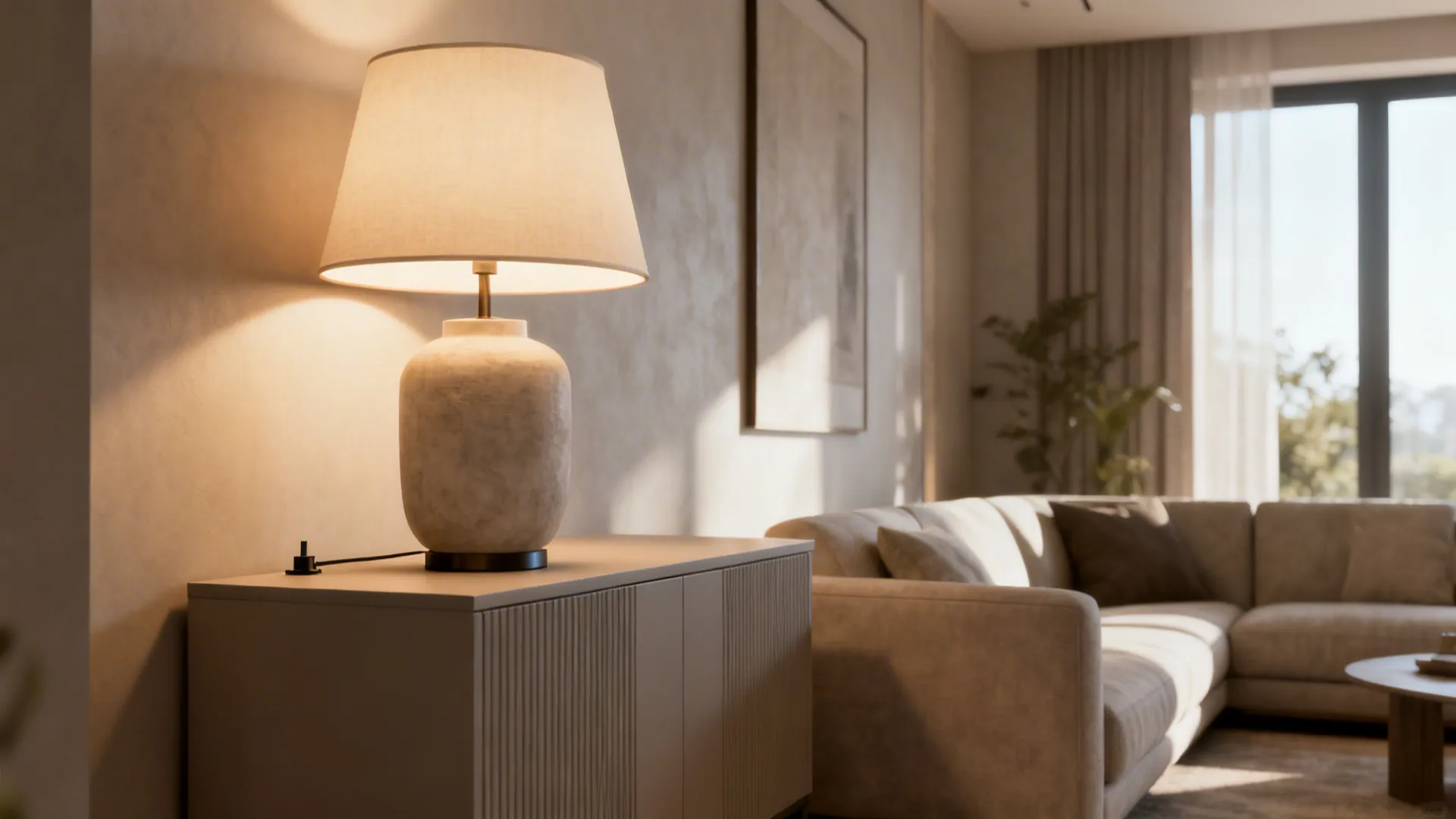 A large table lamp placed securely on a sturdy console with layered lighting and anti-tip hardware.