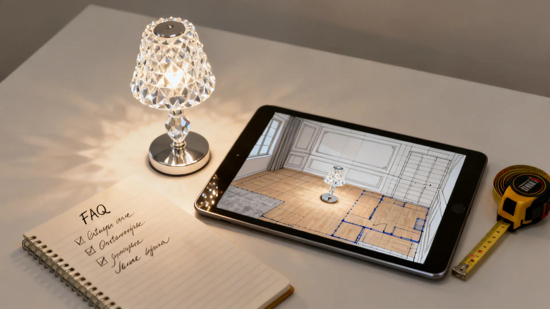 Desk with a small crystal lamp and a tablet showing a 3D floor planner used to test lamp placement and scale.