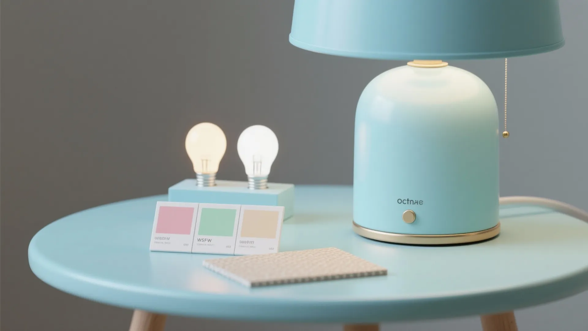 Blue table light fixture with color samples and two small glowing light bulbs on table