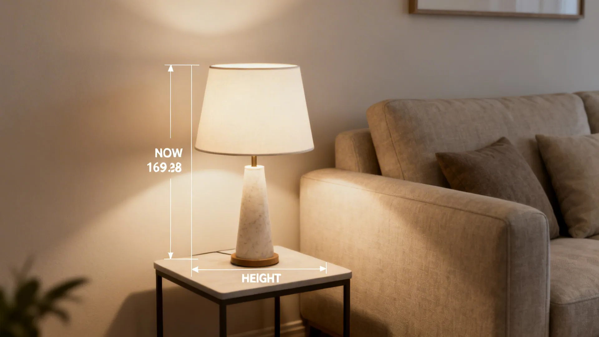 Table lamp on side table with lines showing height measurement next to comfortable beige sofa