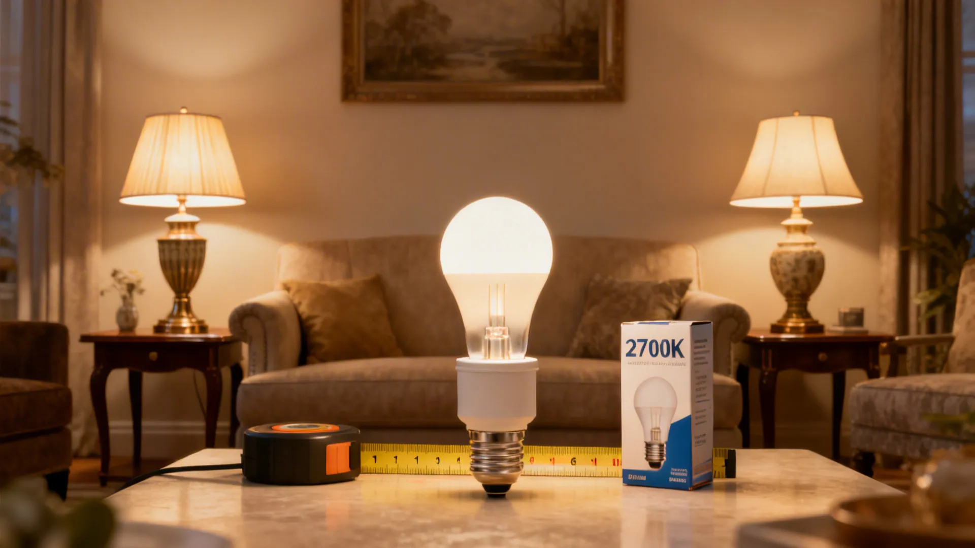 Living room vignette with two table lamps, measuring tape and warm LED bulb illustrating common lamp FAQs