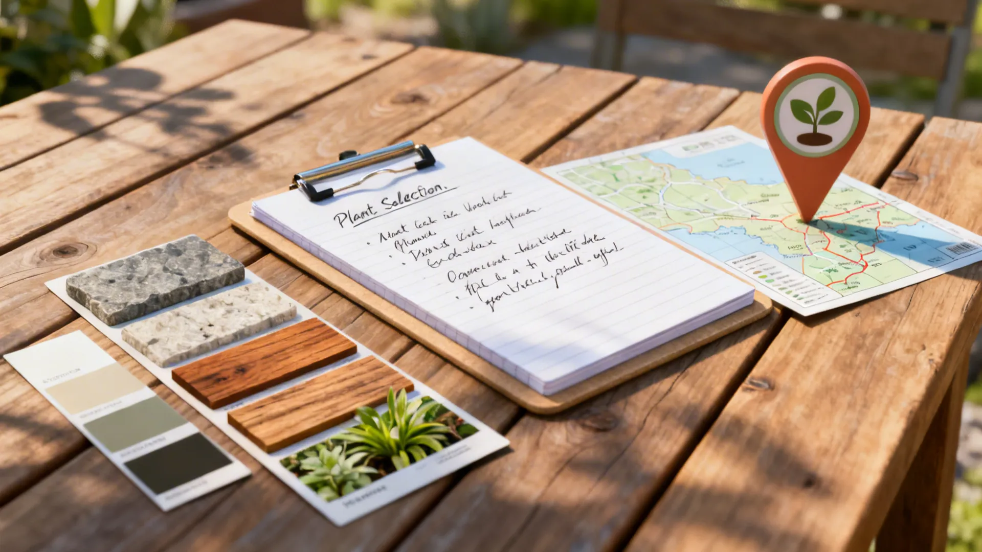 Notebook with plant selection notes and material swatches for ranch landscaping.