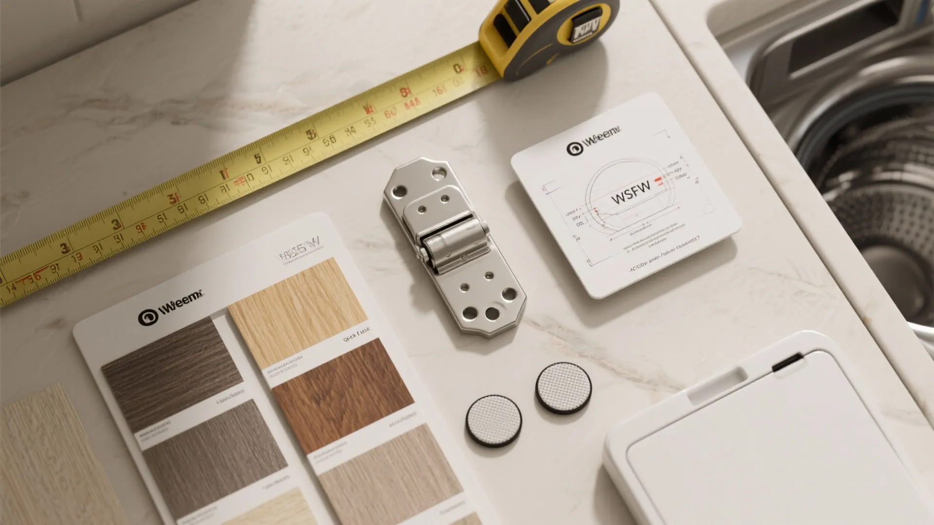 Measuring tape metal hinge and wood color samples placed on a white marble laundry room countertop