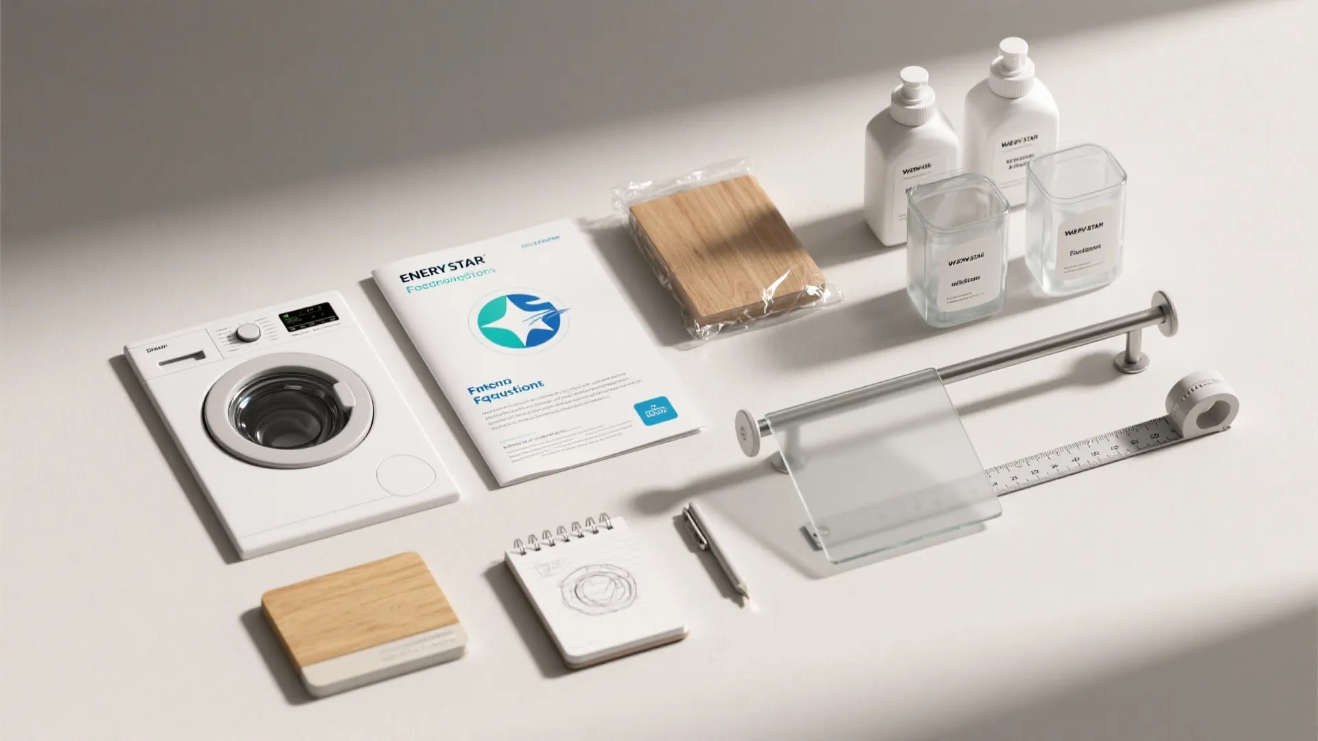 Flat lay display of laundry room accessories including washing machine model booklet bottles and samples