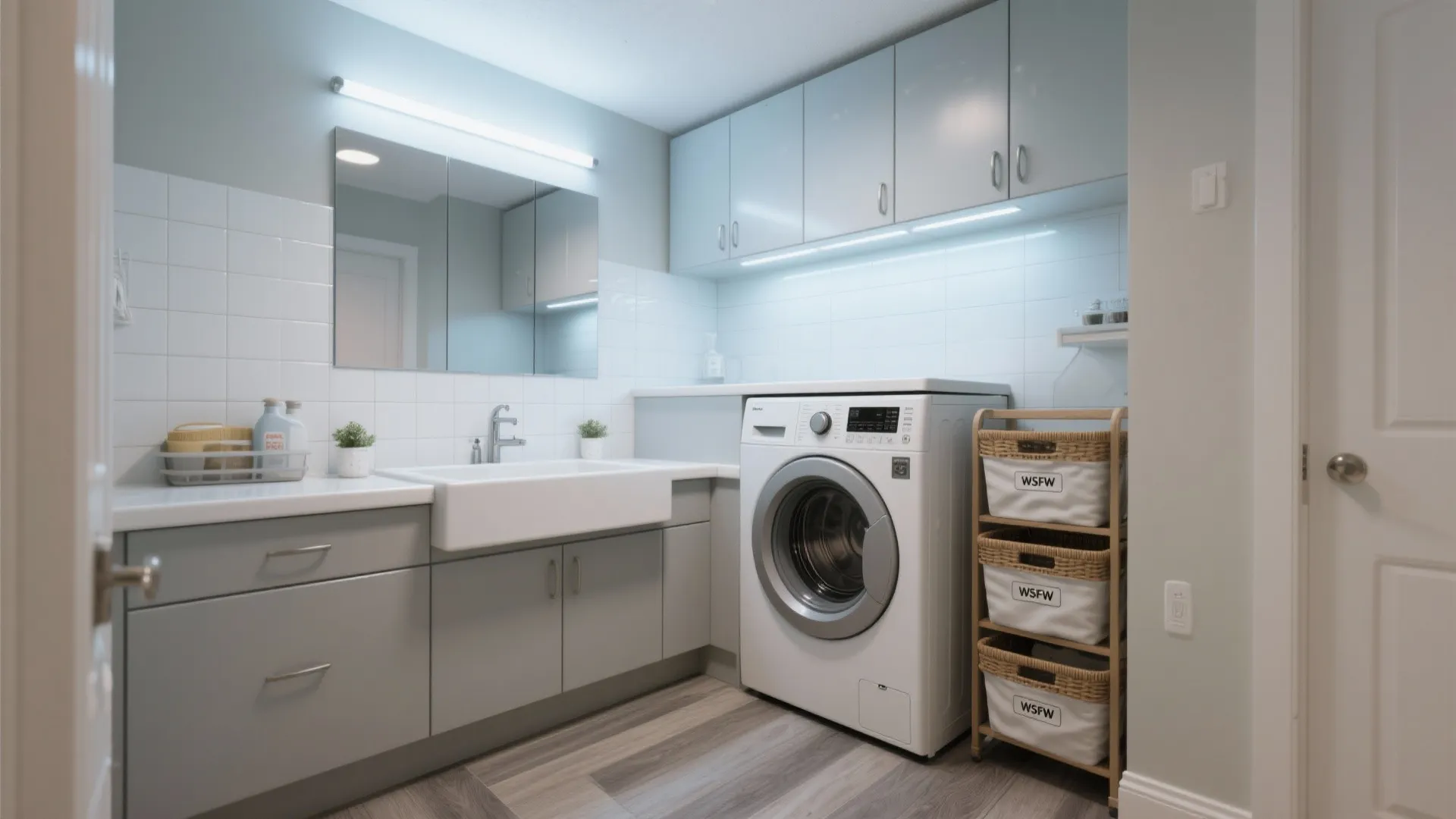 Modern laundry room with grey cabinets white sink washing machine and three storage baskets shelf
