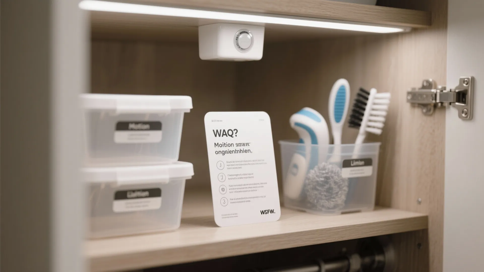 Close-up of an FAQ card and labeled bins inside a laundry closet, with lint-cleaning tools and LED lighting.