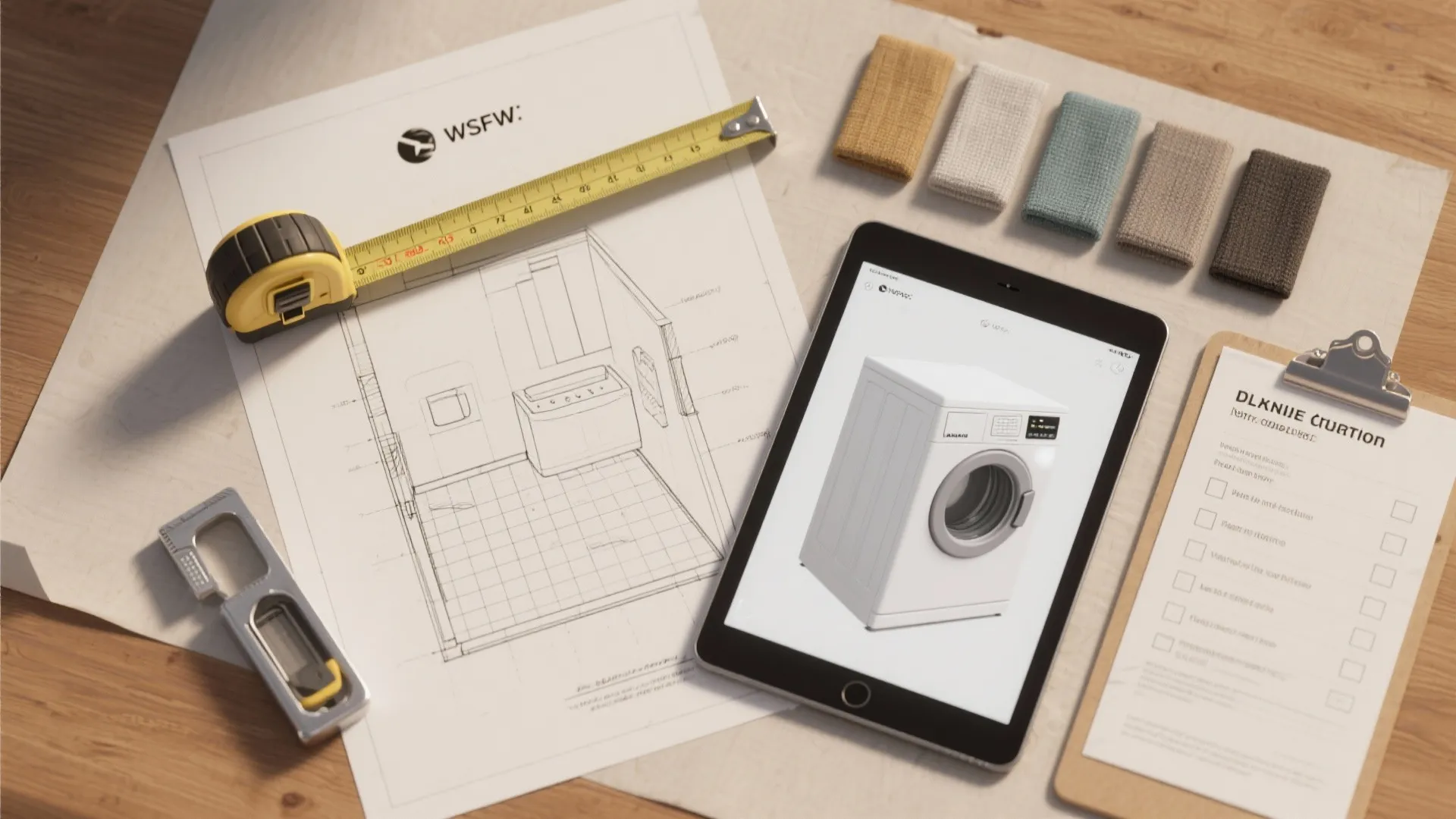 Flatlay of tape measure, floor plan sketch, tablet with 3D render, and a checklist for planning small laundry installations.