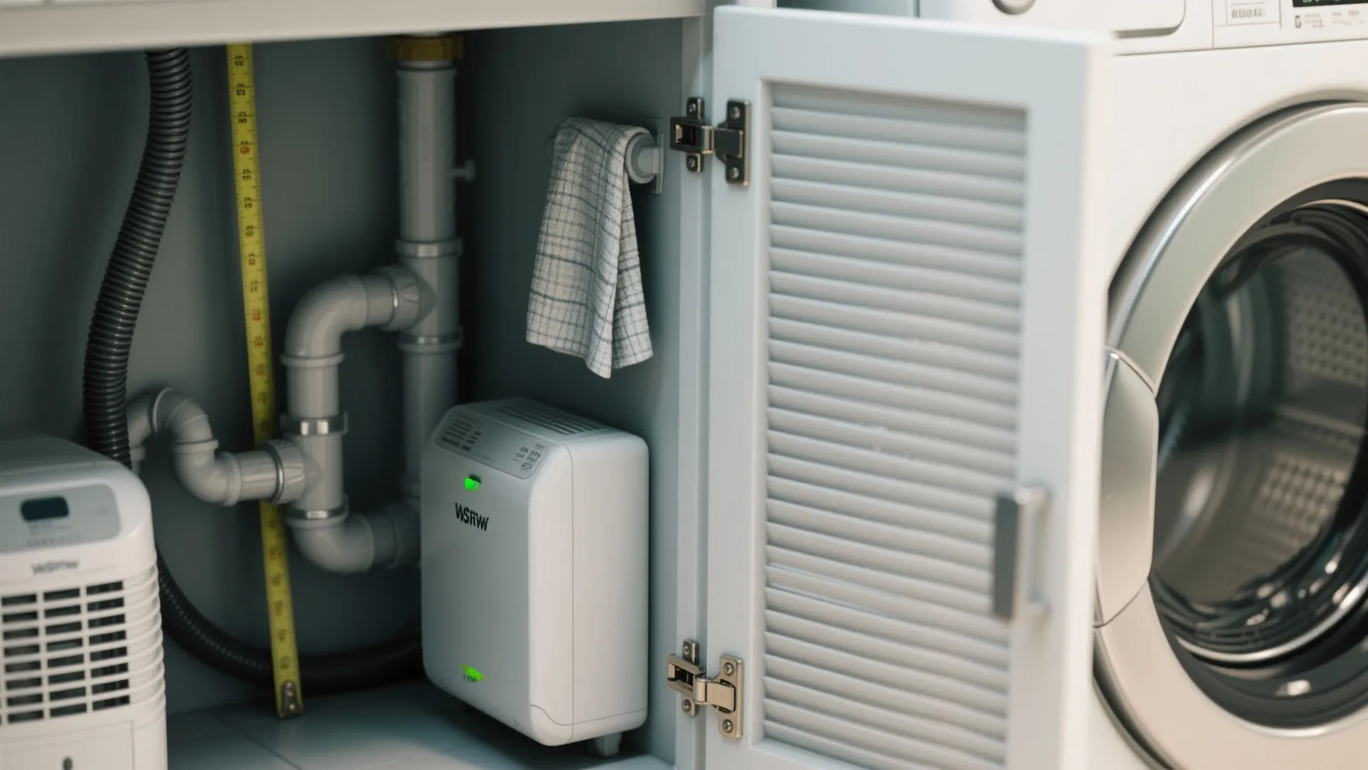 Open white cabinet showing plumbing pipes water filter machine measuring tape and laundry room washing machine