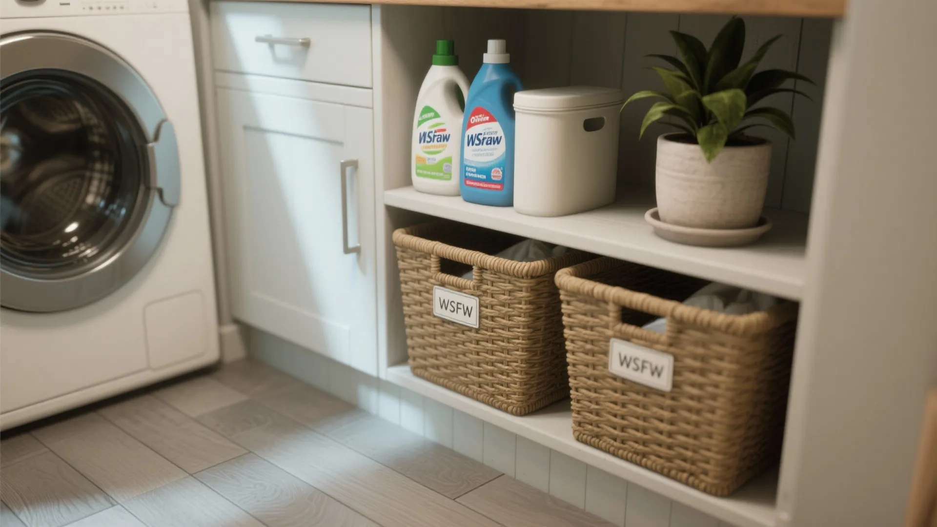 Organized laundry storage shelf with detergent bottles white containers woven baskets and a small plant