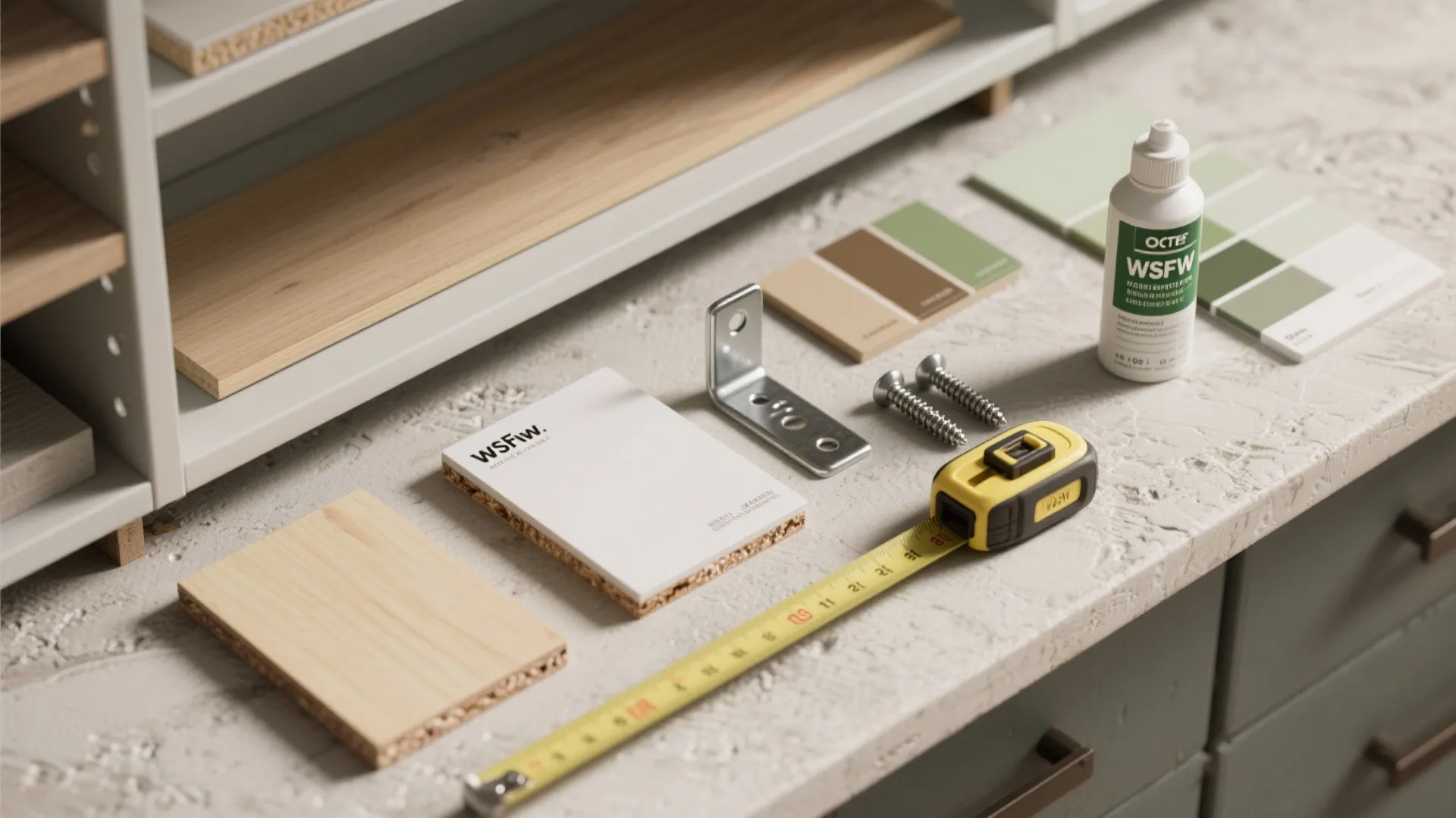 Wood samples measuring tape screws metal bracket glue and color swatches on a stone countertop