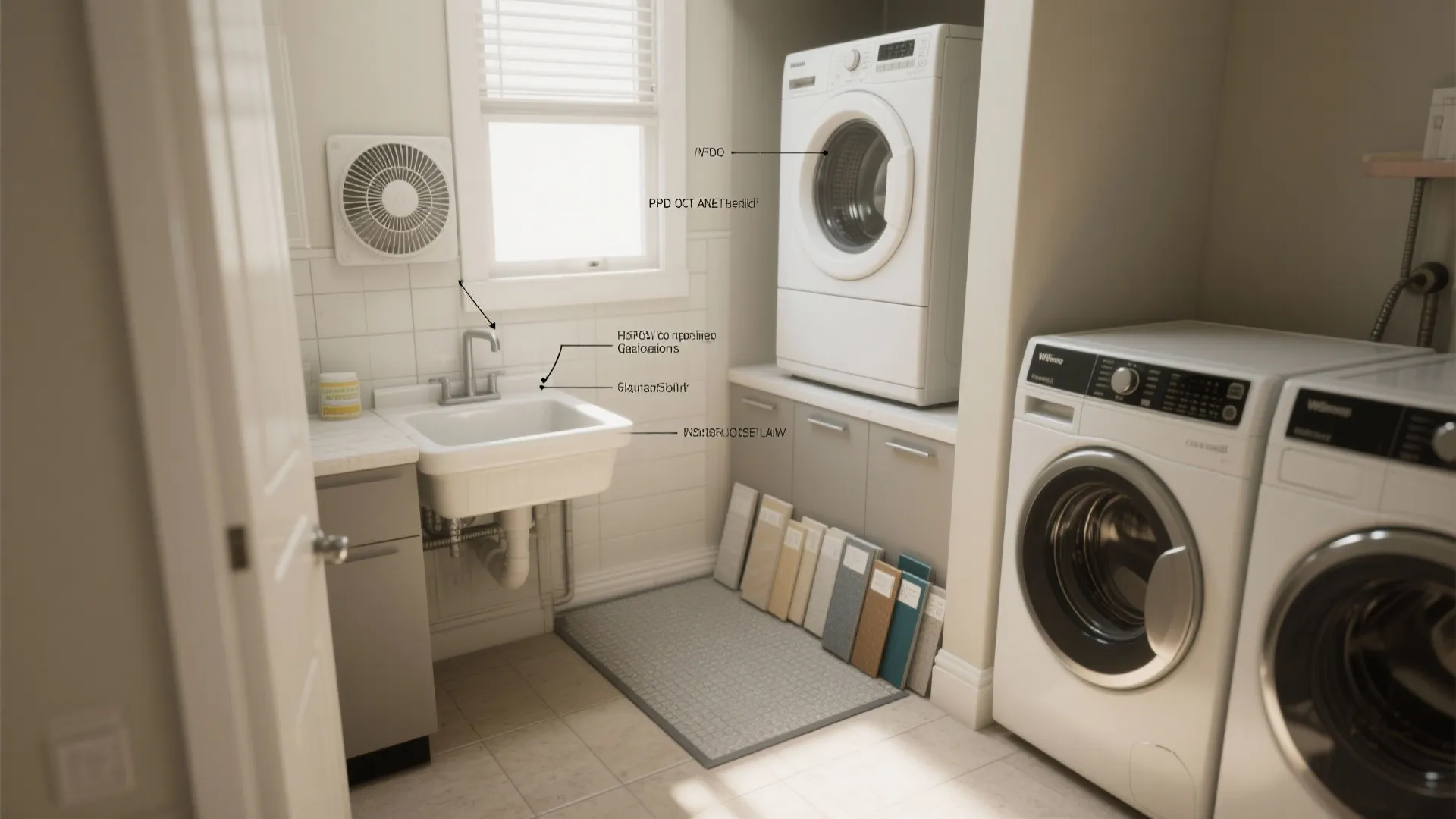 Small laundry room with white sink stacked washing machine grey cabinets and floor tile samples