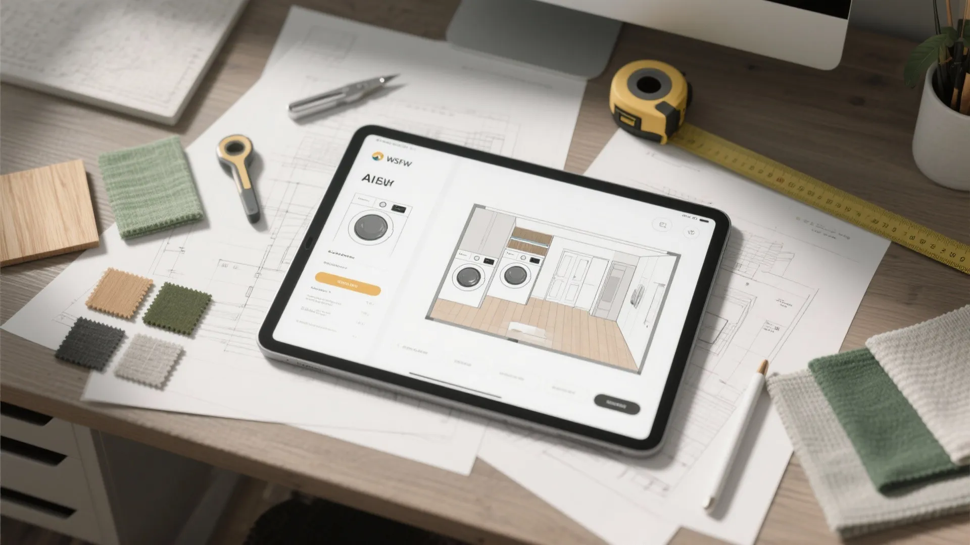 Tablet displaying interior design drawing of laundry room on desk with ruler and fabric samples