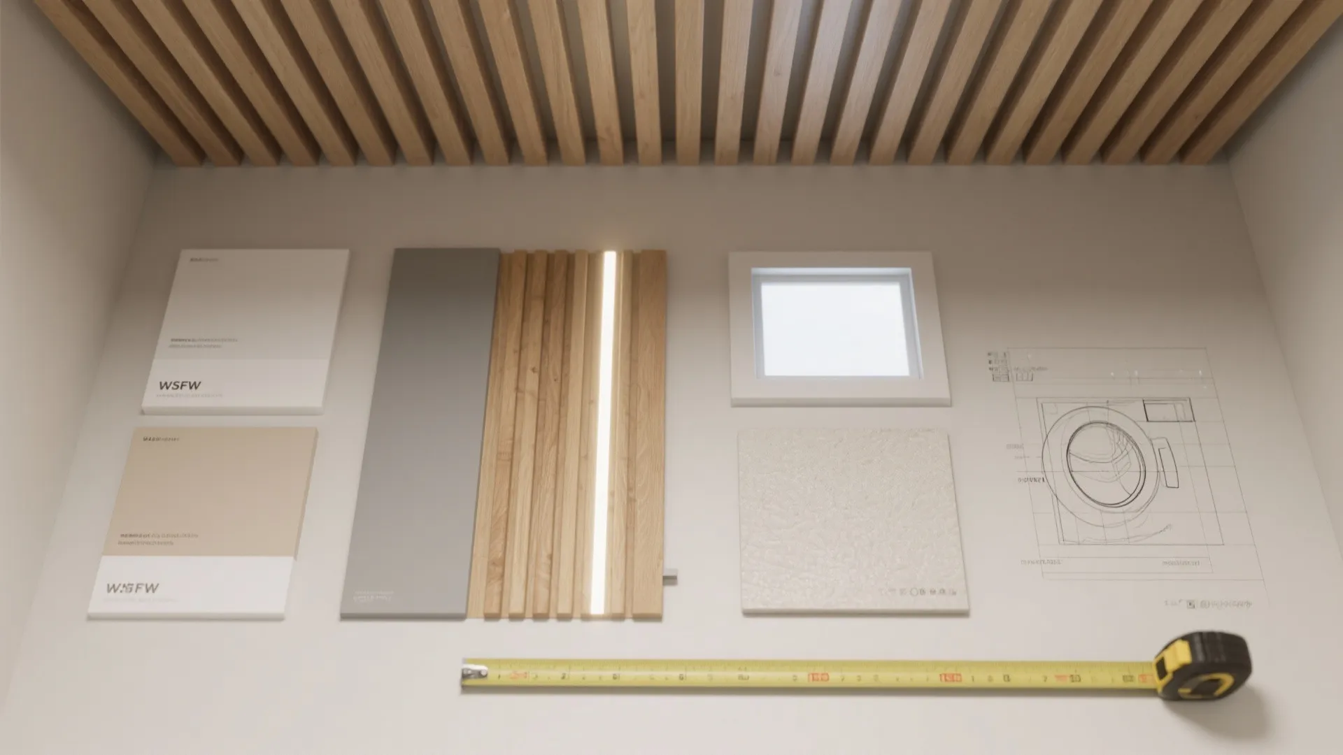 Material board with wood slats, color swatches, washing machine drawing, measuring tape, and square window