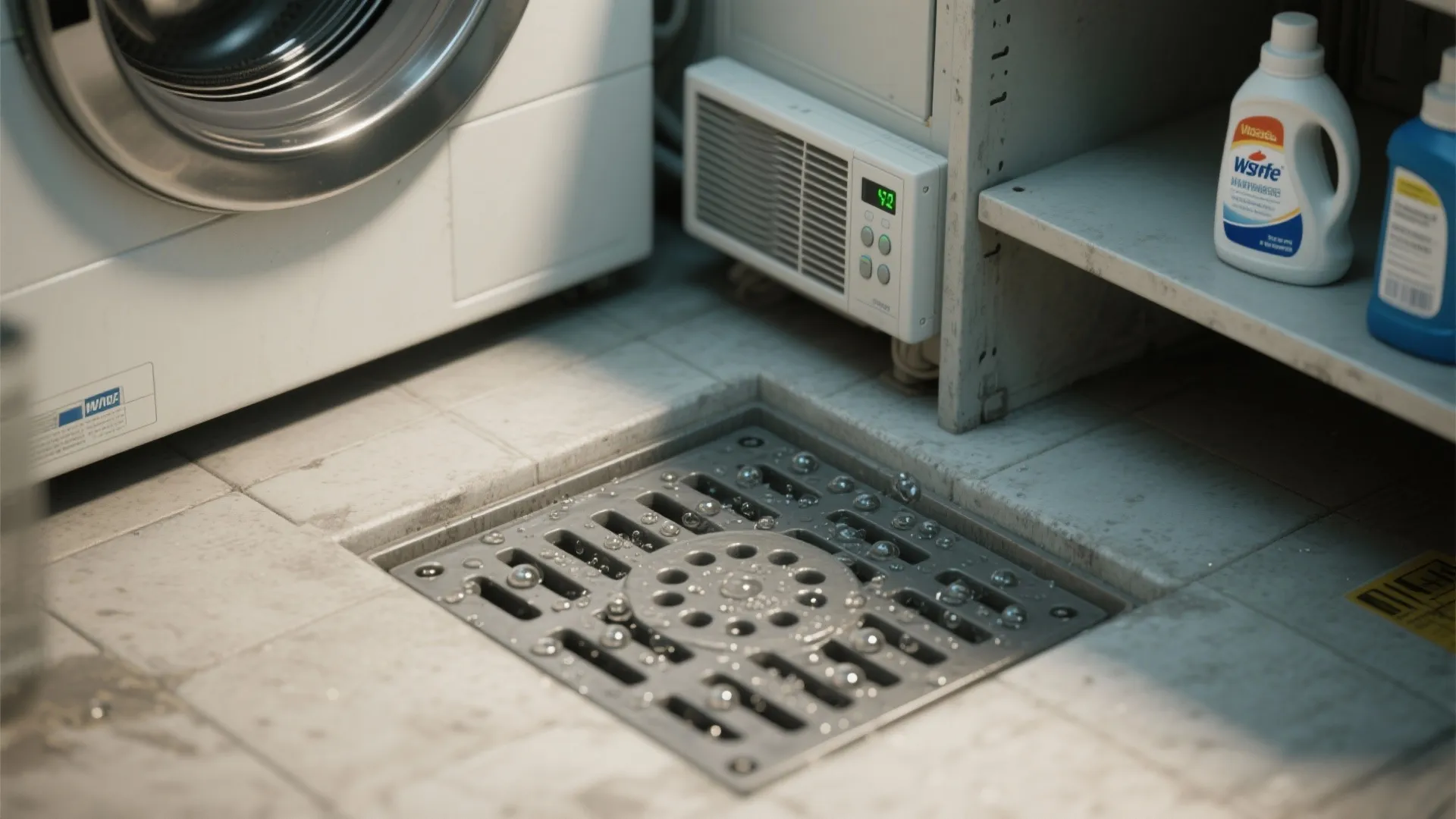 Close up of floor drain in laundry room near white washing machine and detergent bottle