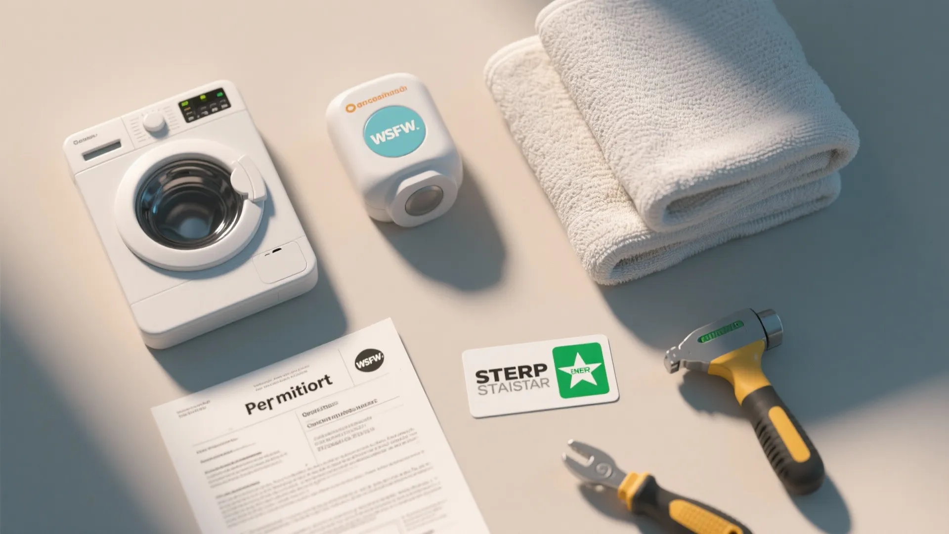 Washing machine with tools like hammer and pliers plus paper document and clean white towels