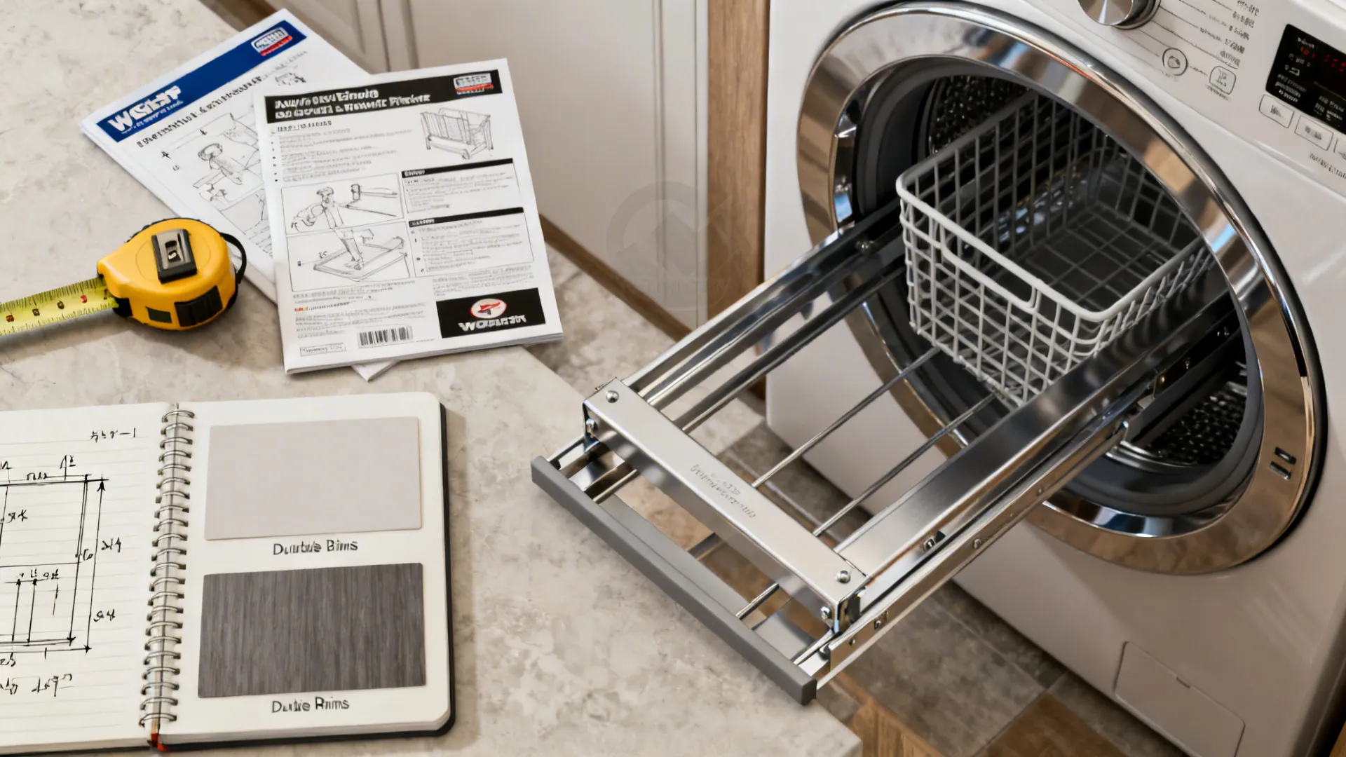 Close-up of appliance manuals, measuring tape and hardware samples for planning a laundry layout