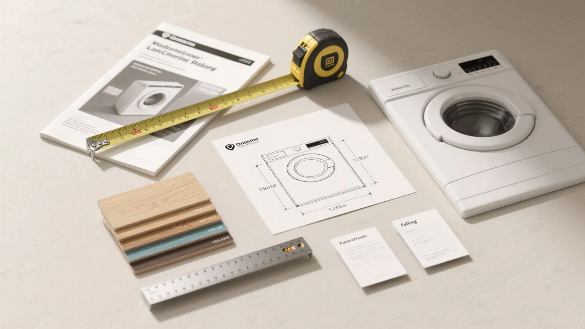 Flatlay of measurement tape, wood swatches and a clearance sketch for planning a stackable washer dryer nook.
