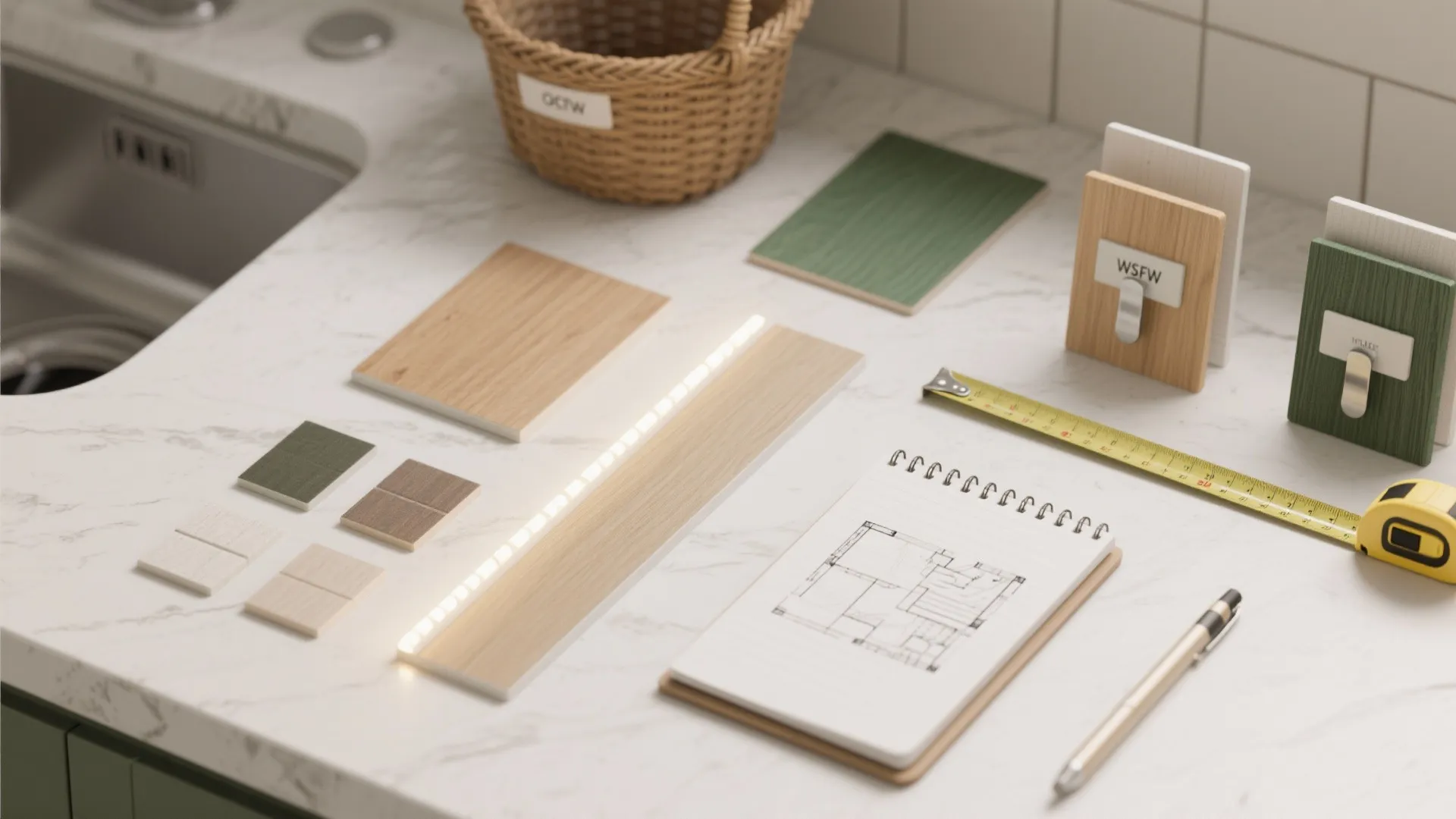 Interior design materials on white counter with wood samples green tiles tape measure and room layout