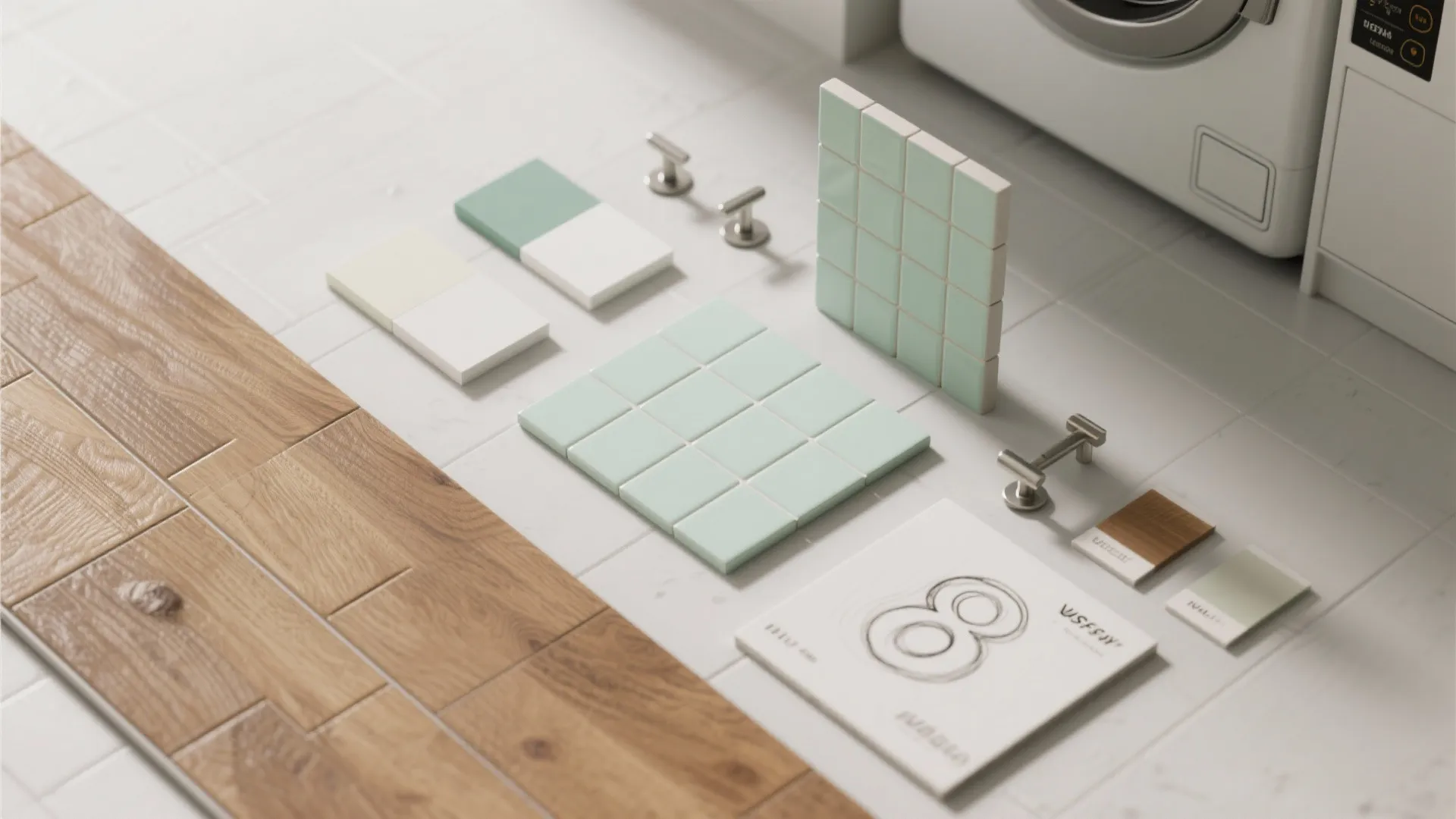 Various interior design materials including green wall tiles and wood floor samples on white floor