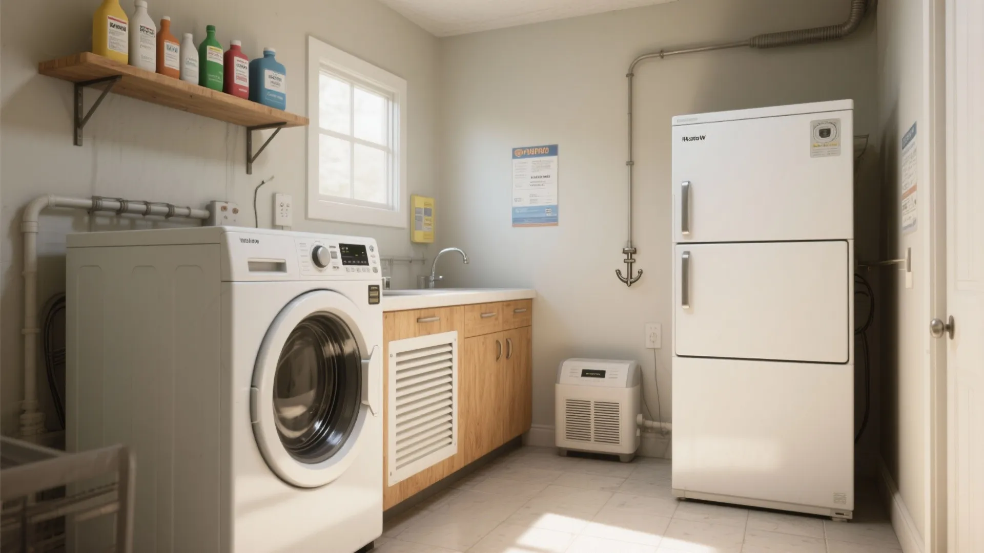 Utility-style laundry room showing clearances, chemical storage, dehumidifier, and a stacked unit