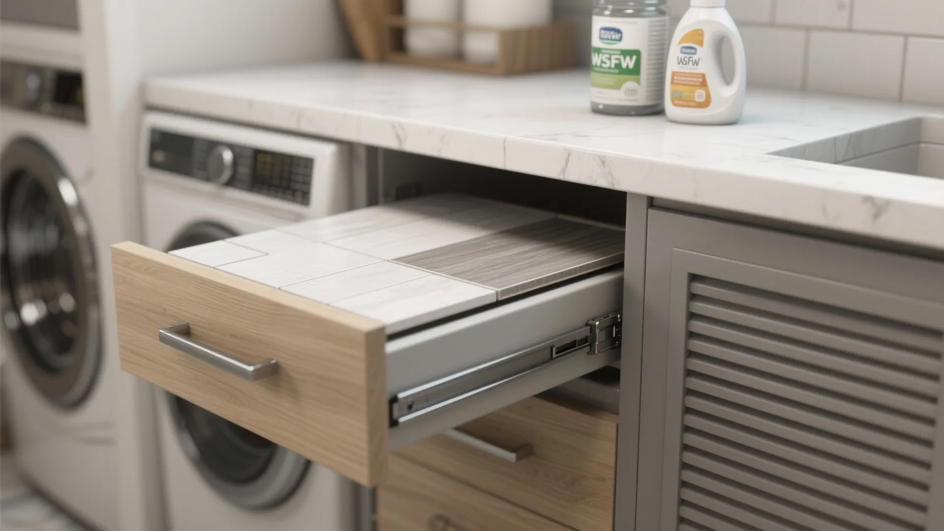 Close up view of pull out wooden drawer next to washing machine with laundry detergent bottles