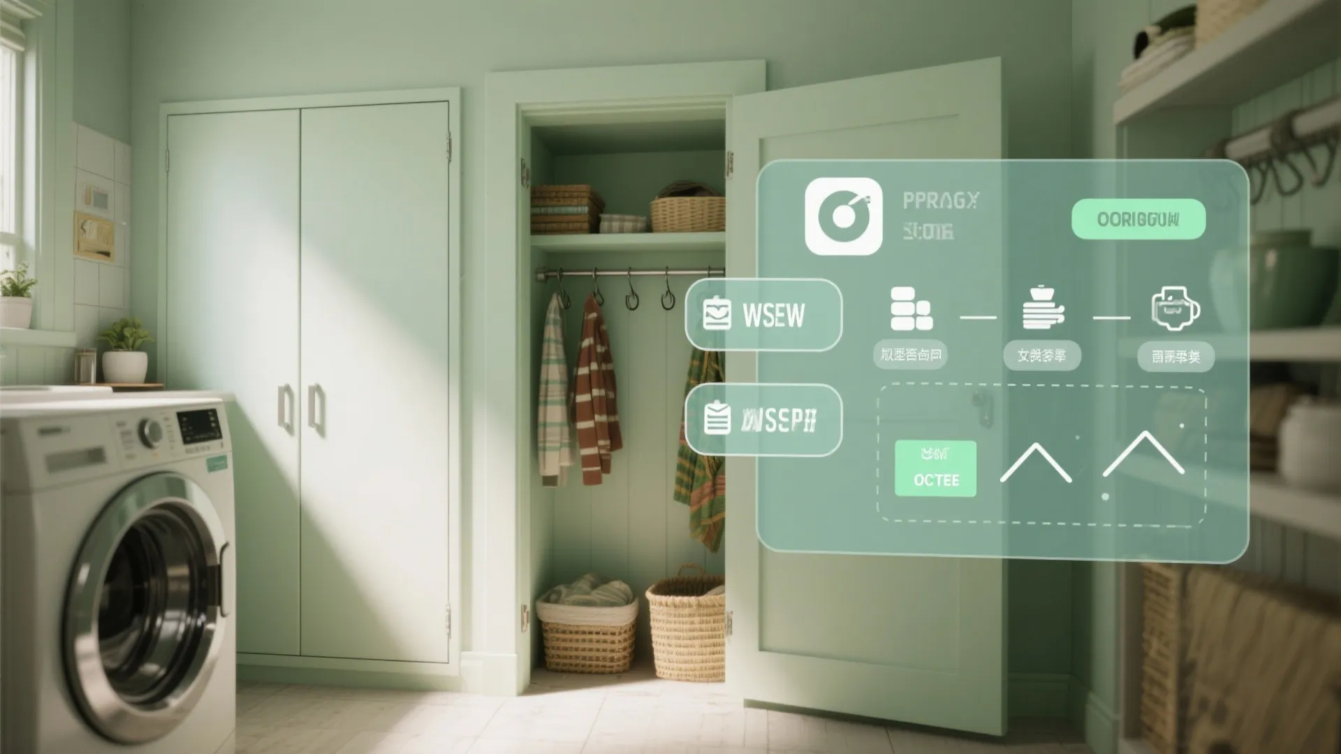 Mint green laundry room featuring white washing machine and organized storage closet with woven baskets