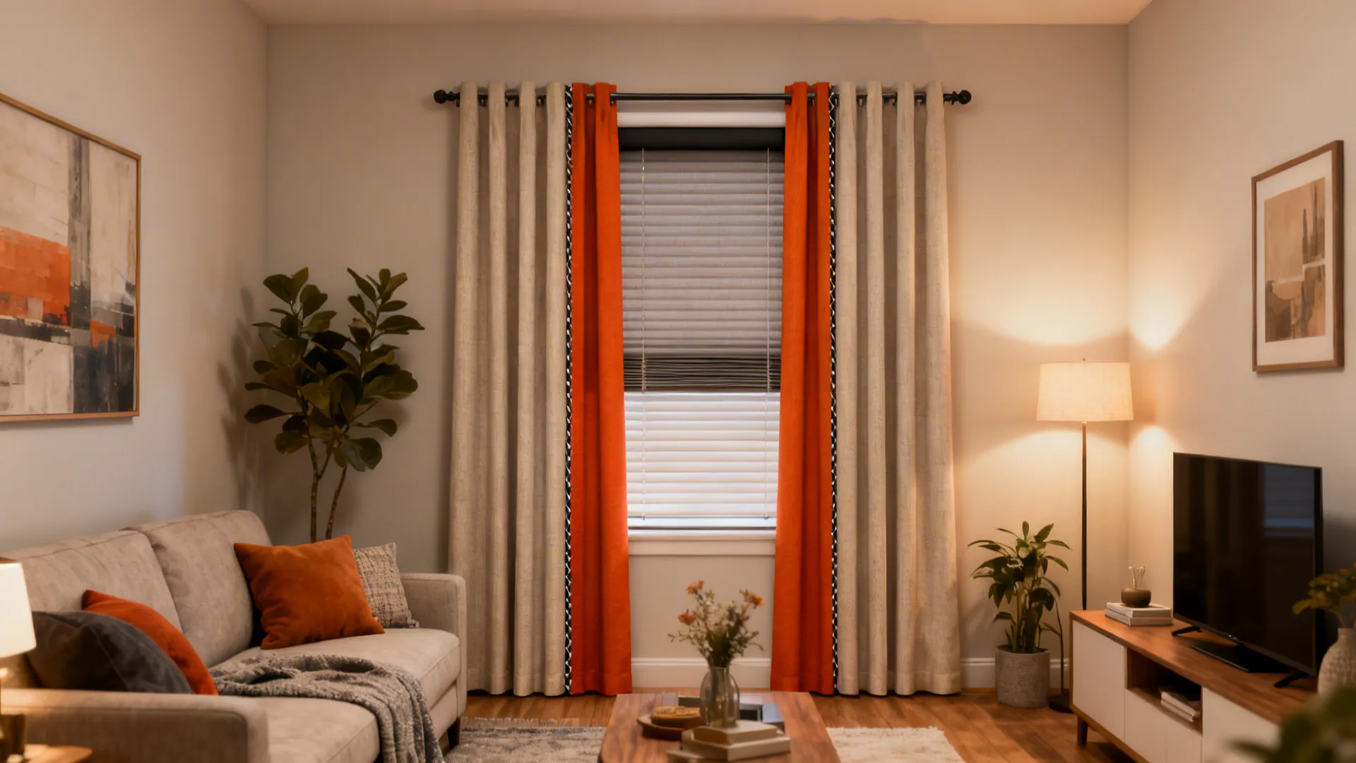 Living room featuring layered orange and beige curtains with grey window blinds next to sofa