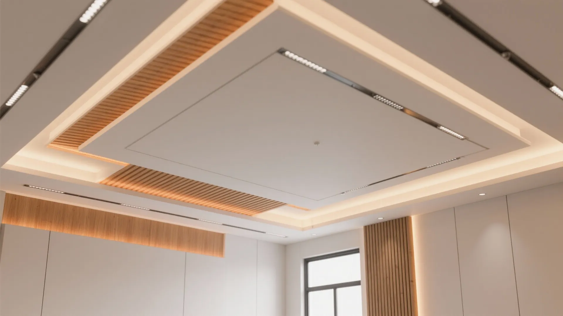 Modern ceiling design featuring multiple layers of hidden lighting wood panels and clean white surfaces