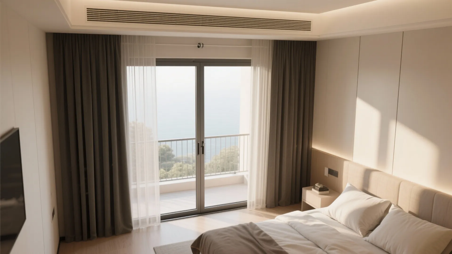Modern bedroom featuring grey curtains white bedding and glass doors opening to a scenic balcony