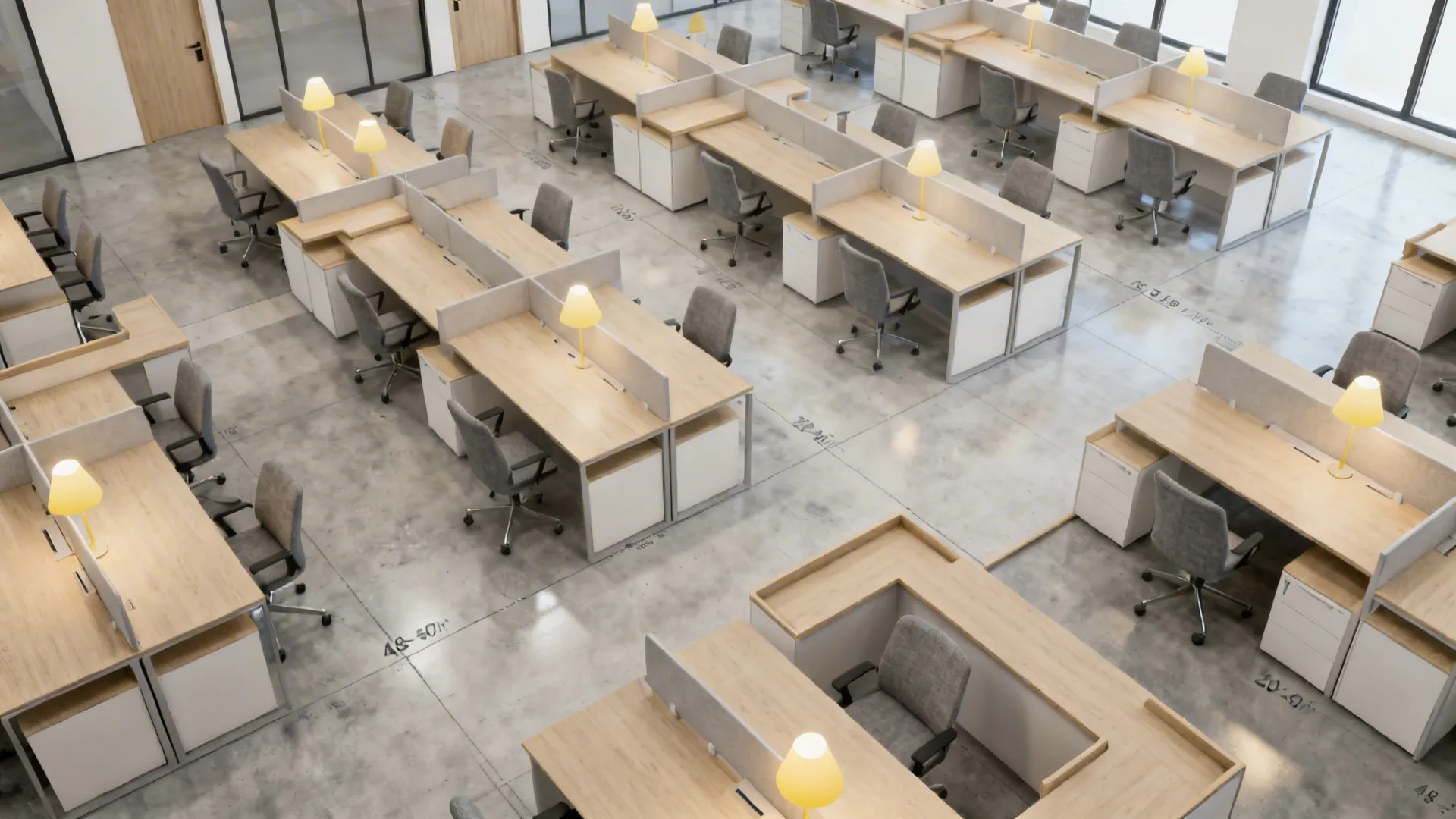 Top-down plan-style view of a 10x10 office showing desk size, L-shaped option, and clear circulation.