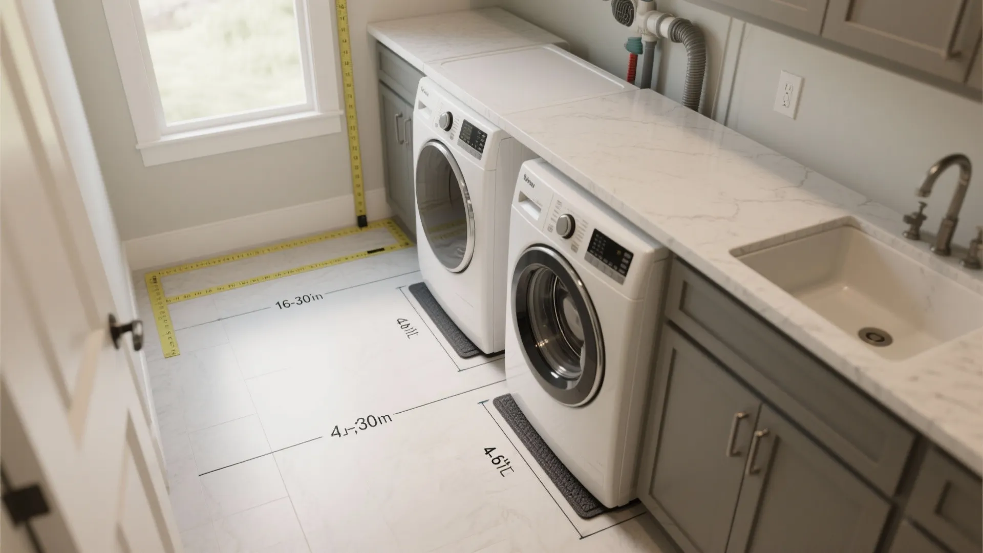 Laundry room layout drawing showing measurements for washing machines, grey cabinets, and a white sink