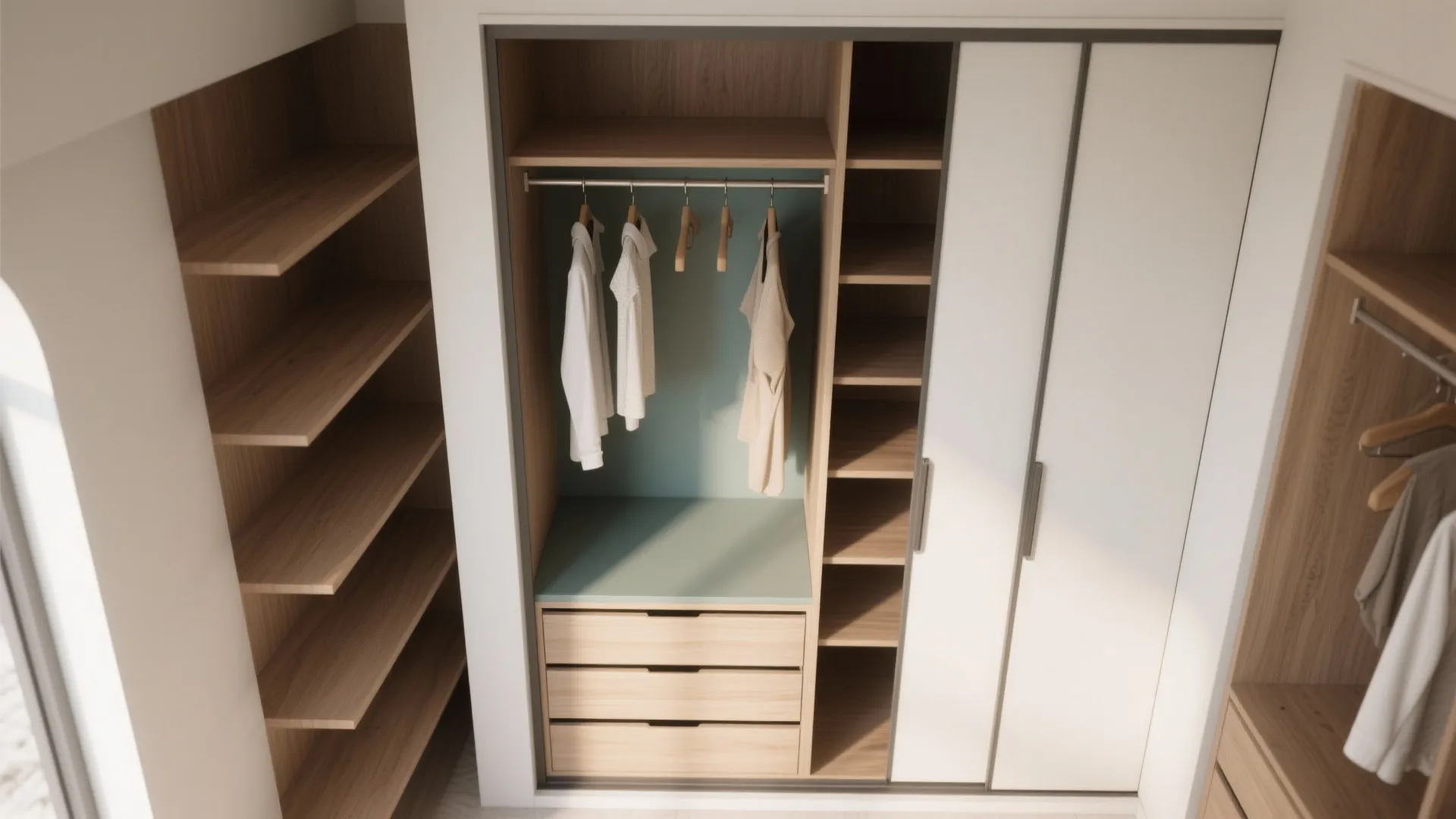 Interior design drawing of a modern walk-in closet with wooden shelves drawers and hanging clothes