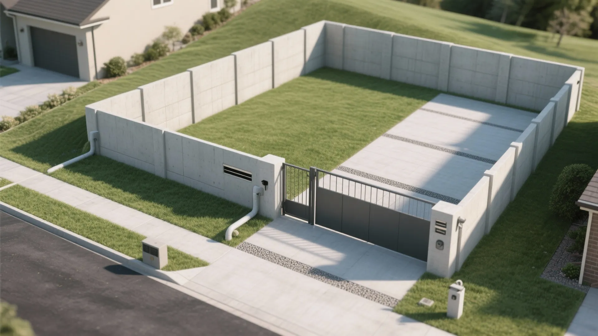 High angle view of a yard surrounded by concrete wall fence with gate and grass