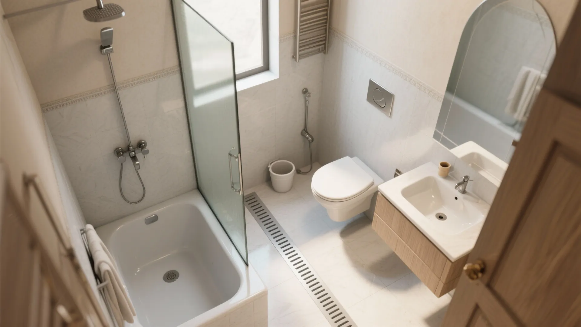 Top view of small bathroom layout featuring white bathtub toilet sink and wood storage cabinet