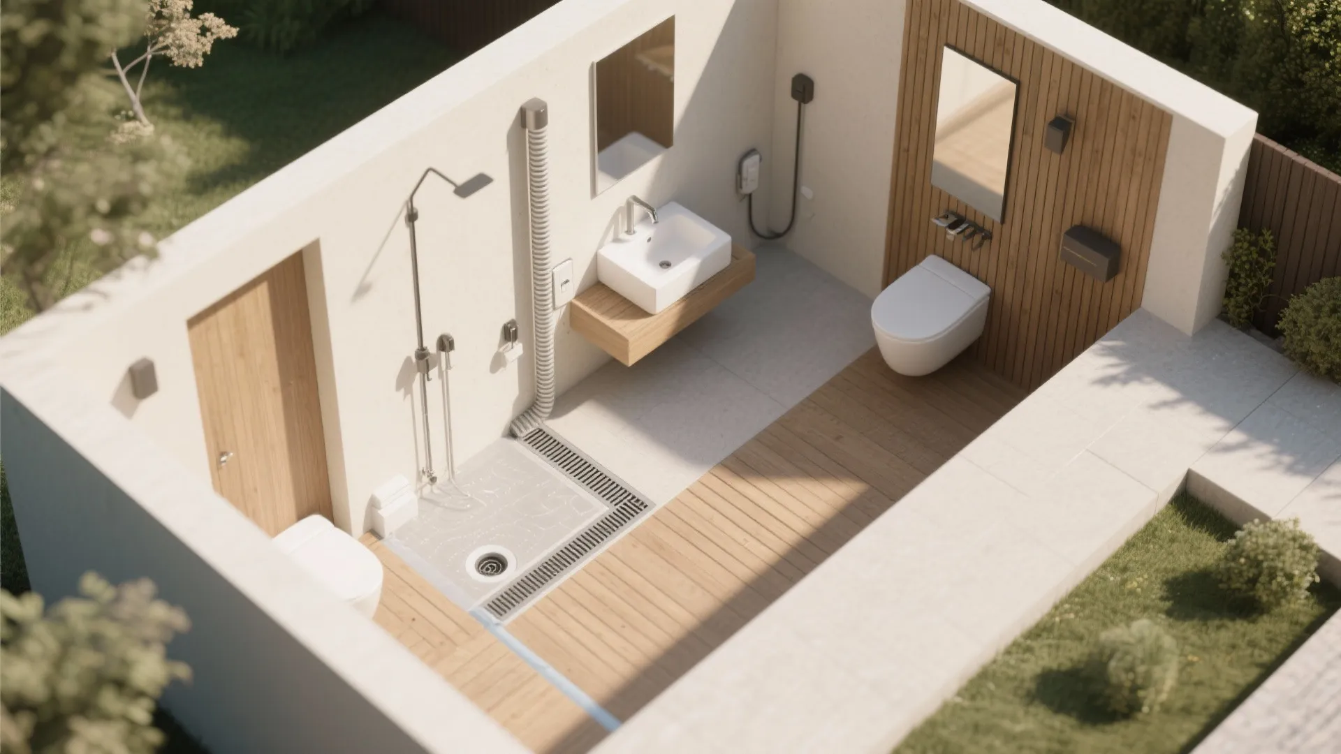 Interior design drawing of a minimalist bathroom with toilet sink shower and wood wall panel detail