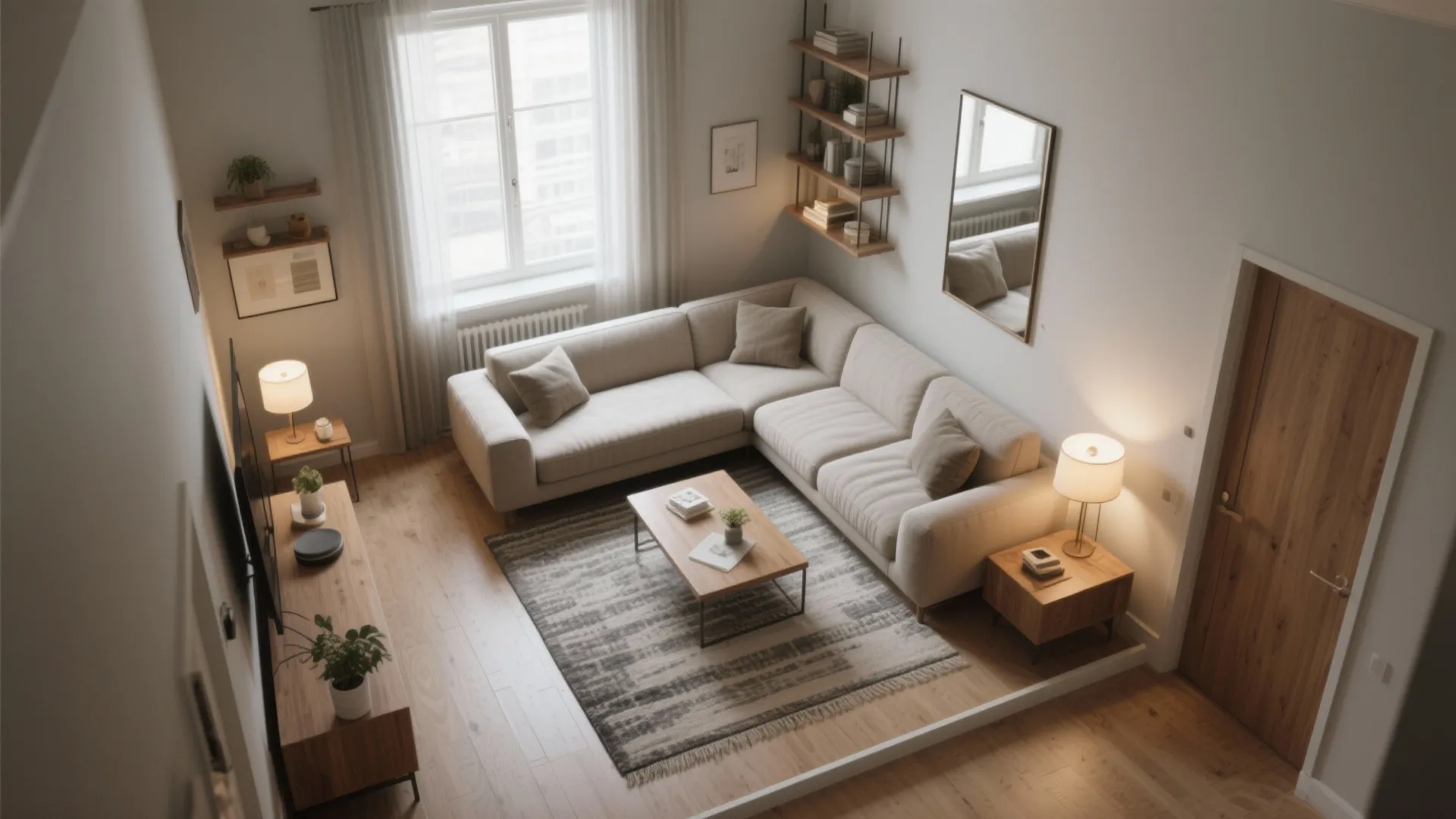 High angle view of living room layout with corner sofa wooden table and shelving units design