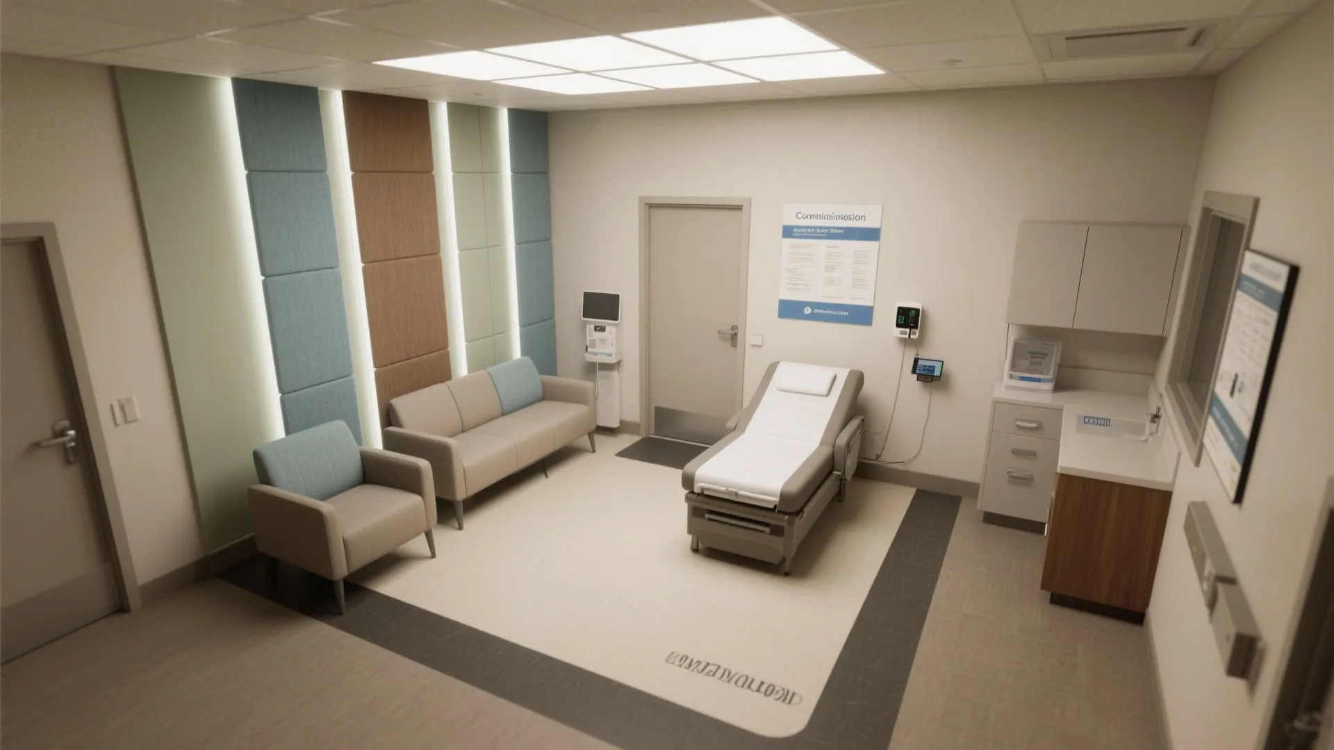 Modern medical exam room layout with sofa armchairs wall paneling ceiling light and medical bed