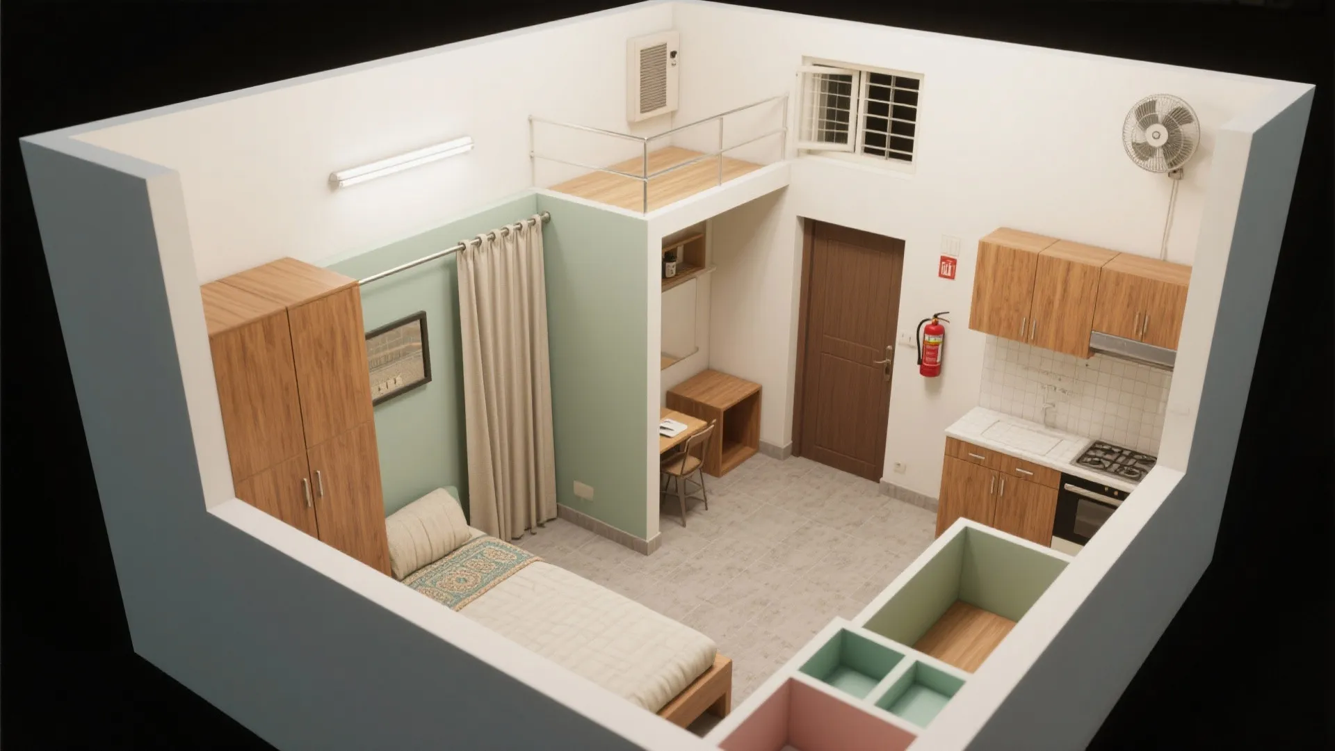 Interior design drawing of a studio apartment with small kitchen bed area and raised storage platform