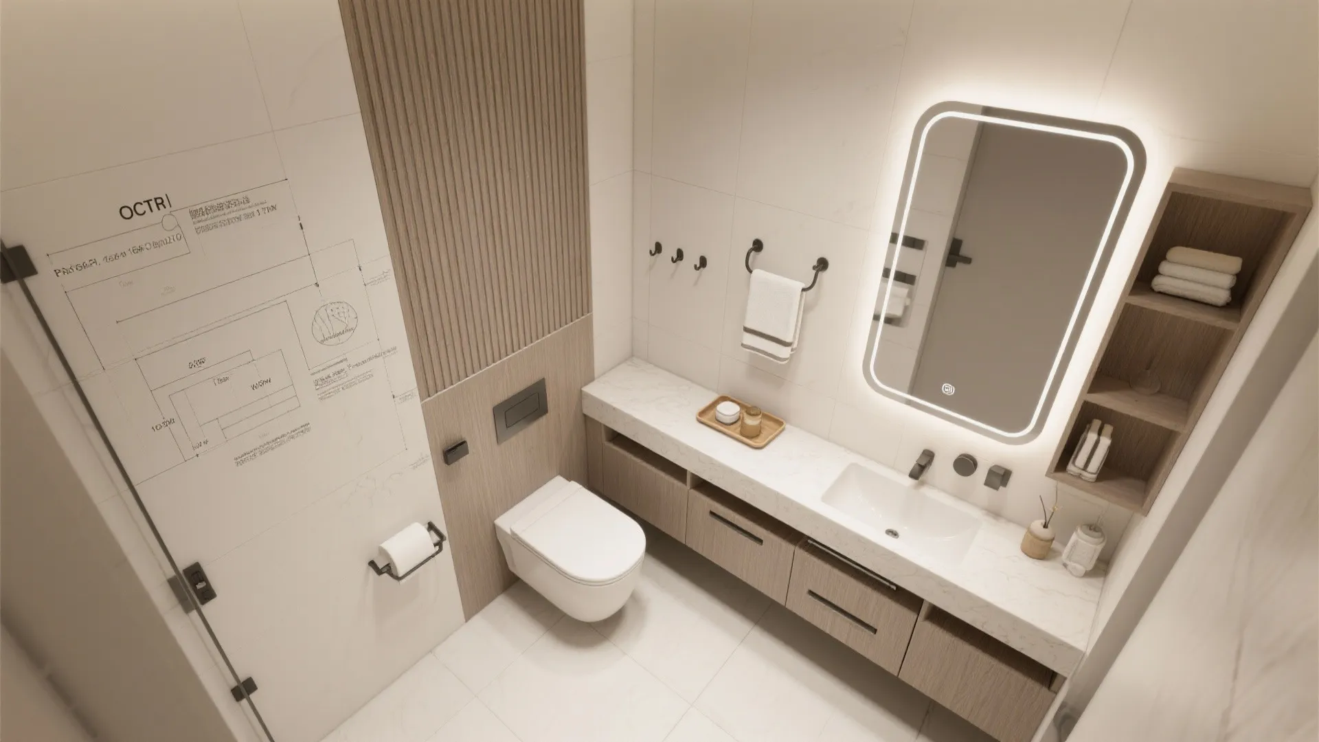 Modern bathroom interior design drawing showing white toilet vanity unit and large lighted wall mirror