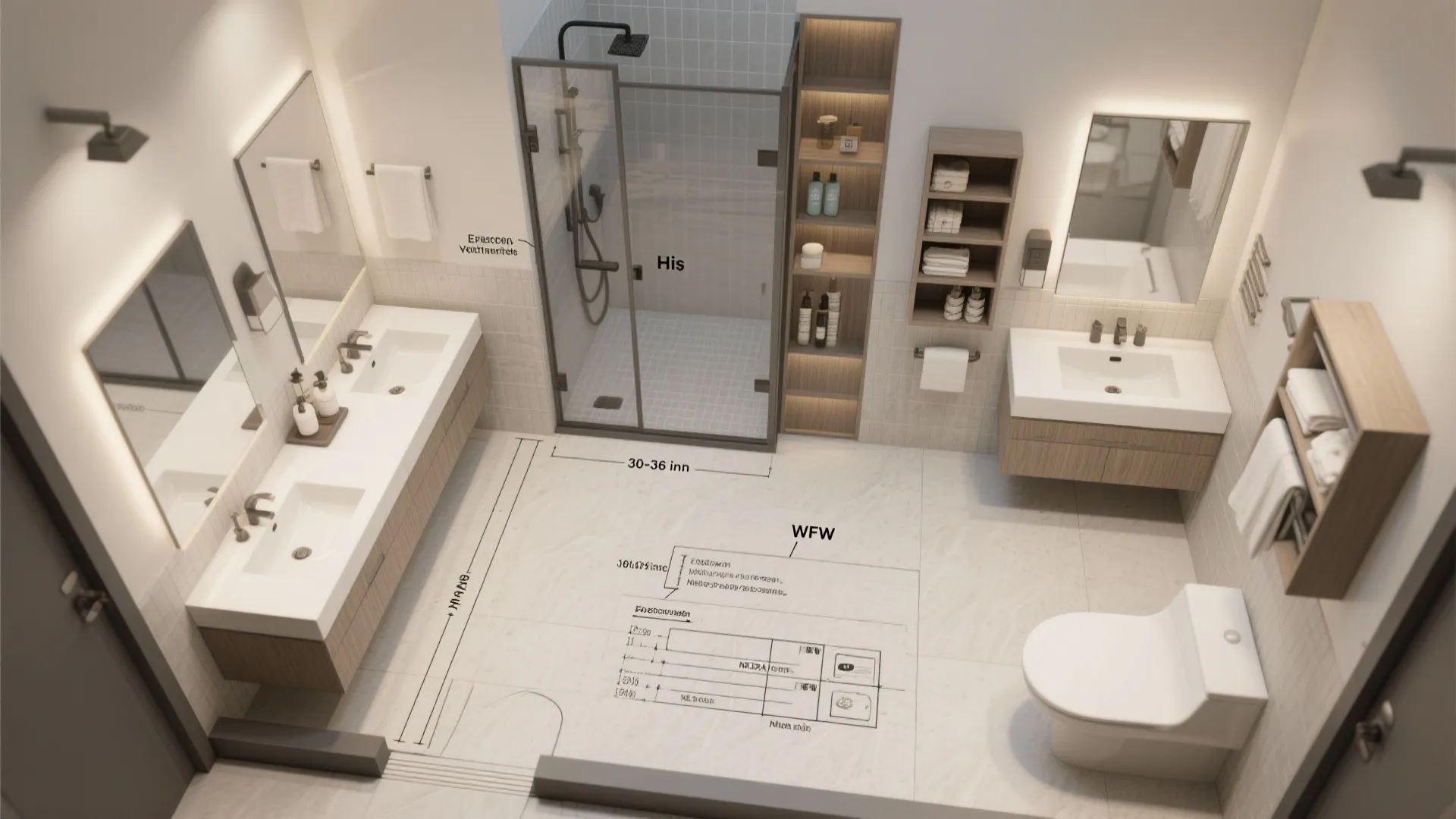 Modern bathroom interior design drawing showing double sinks shower stall toilet and room layout with dimensions