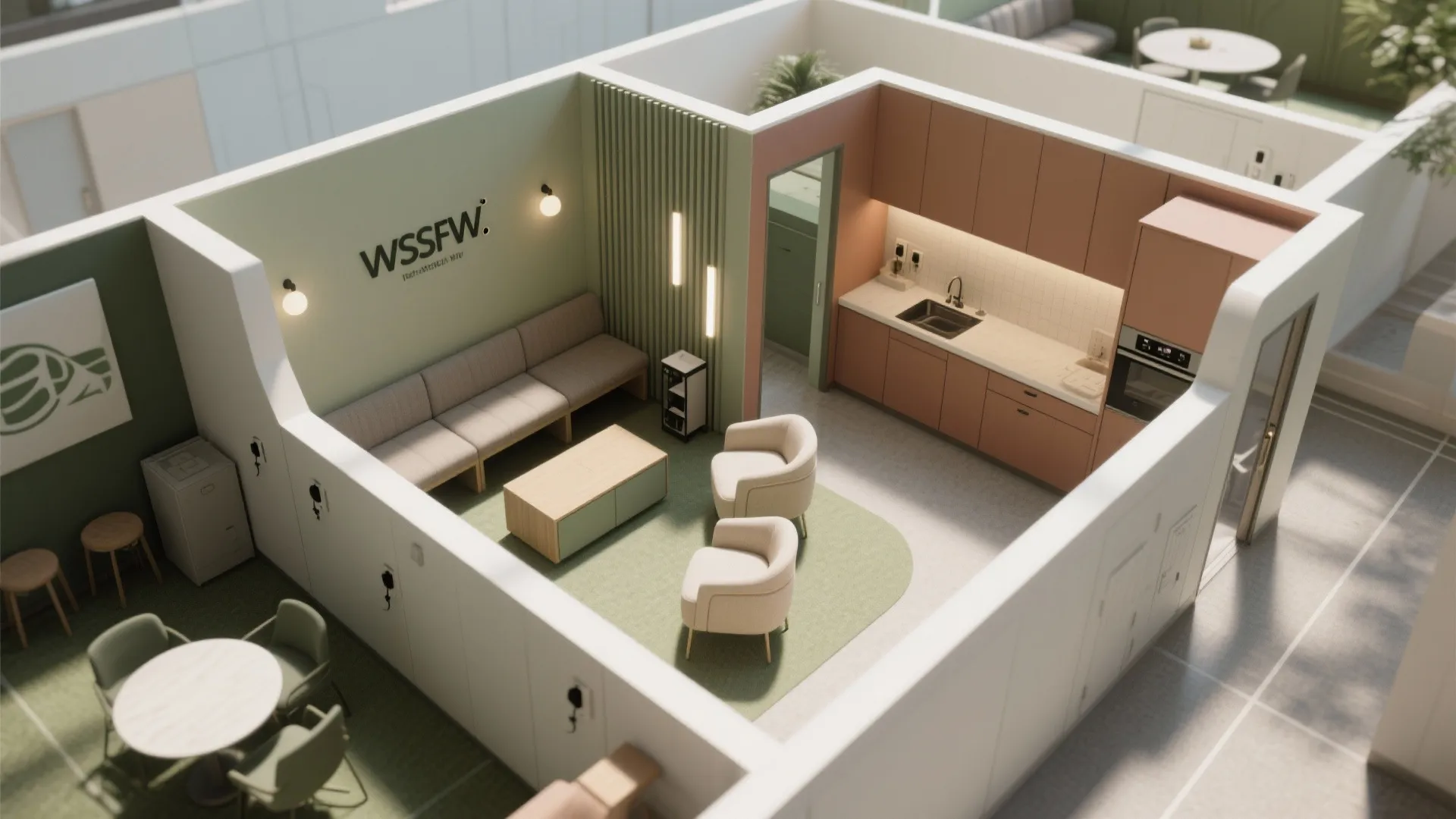 Interior design drawing showing room layout with long sofa armchairs kitchen cabinets and small table