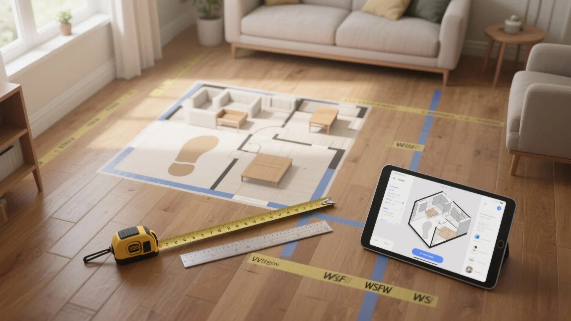 Floor plan design on a wooden floor with measuring tape ruler and a tablet screen