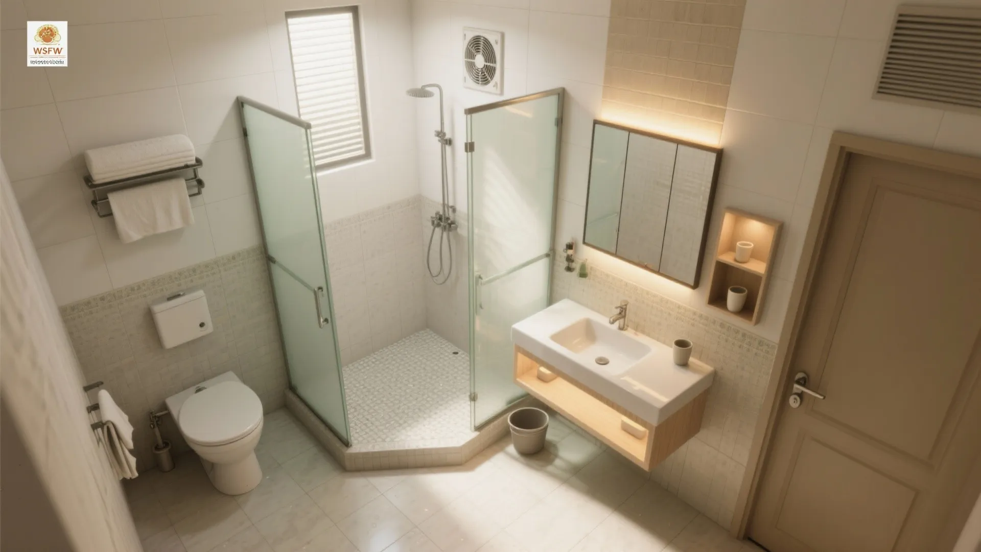 Modern bathroom featuring corner glass shower white toilet floating wooden vanity mirror and light tiles
