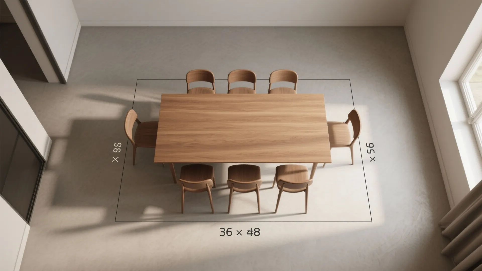 Top view interior design drawing of wooden dining table with eight chairs and room measurements